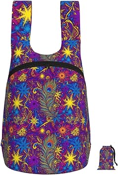 Lightweight Packable Backpack Foldable Hiking Backpacks Trippy Peacock Feathers Compact Folding Daypack for Travel