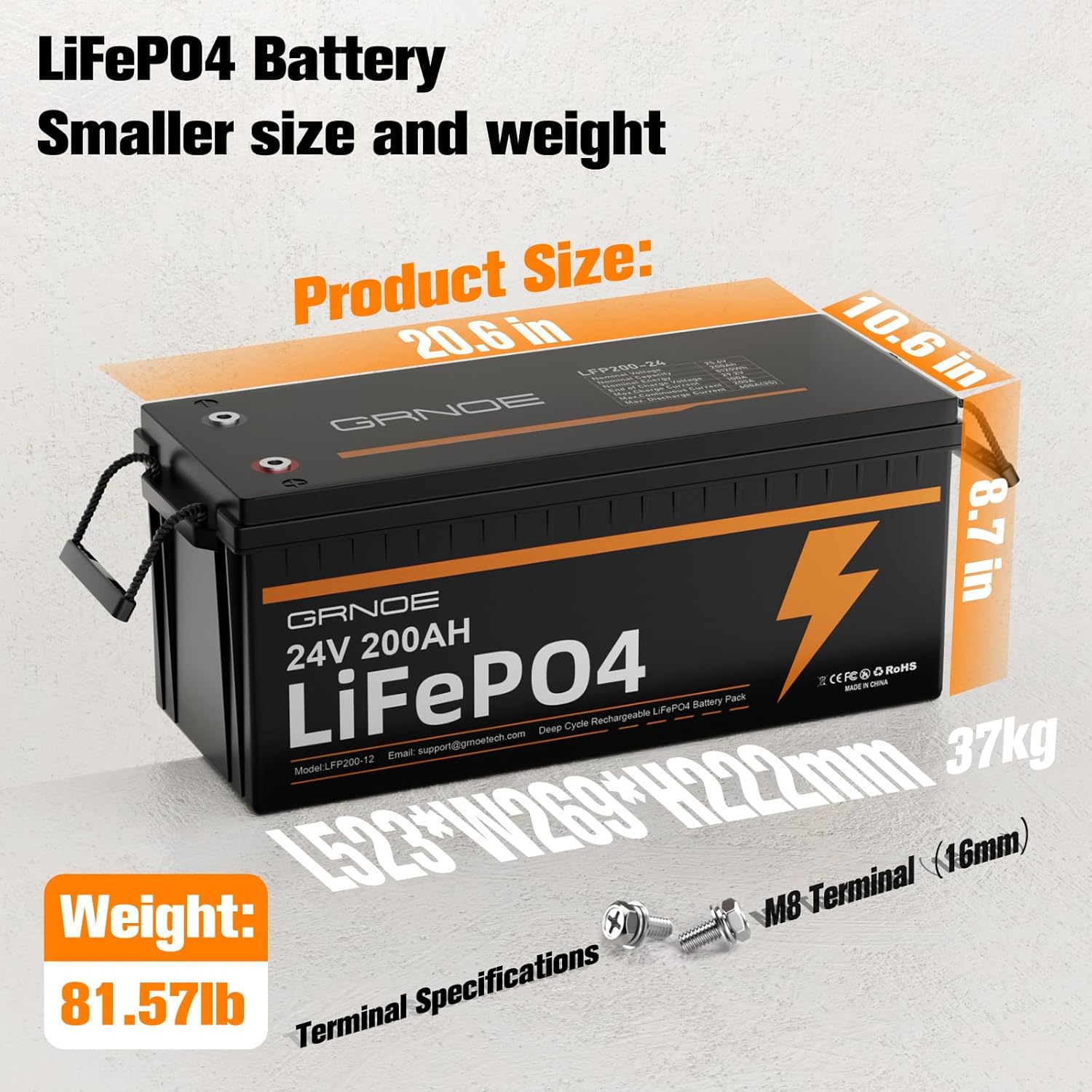 24V 200Ah LiFePO4 Battery 5.12kWh Deep Cycle Power,Lithium Battery Built-in 200A BMS,15000+ Cycles Rechargeable & 10-Year Lifetime,Perfect for Solar Storage System,RV Trailer,Home Backup,Off-Grid