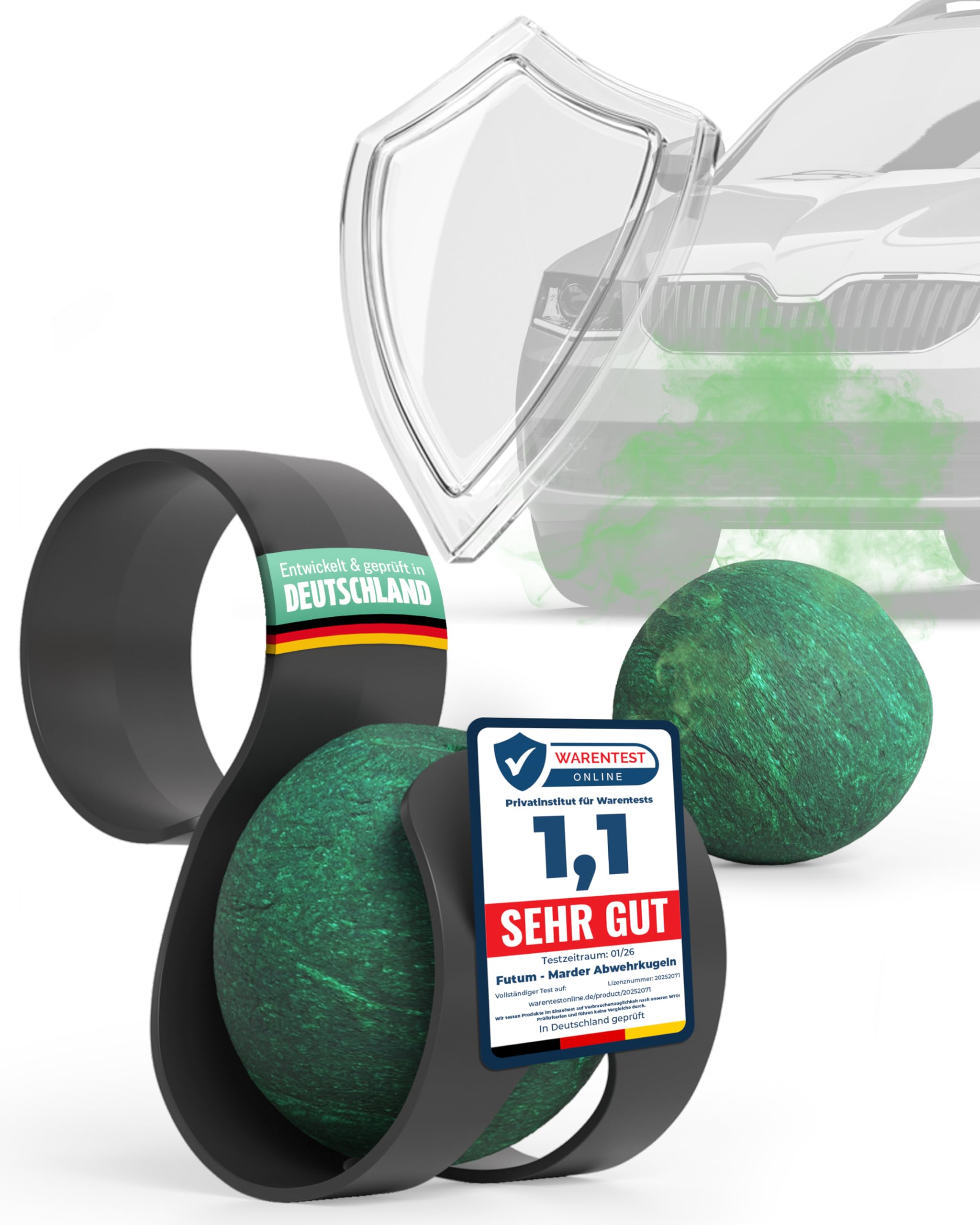 Futum 2X Marder Abwehrkugeln - 2er-Set inkl. Halter – Marderschreck Auto mit natürlichem Duftwirkstoff – Marderabwehr Auto mit Sofortschutz – Langanhaltender Marderschutz für bis zu 3 Monate