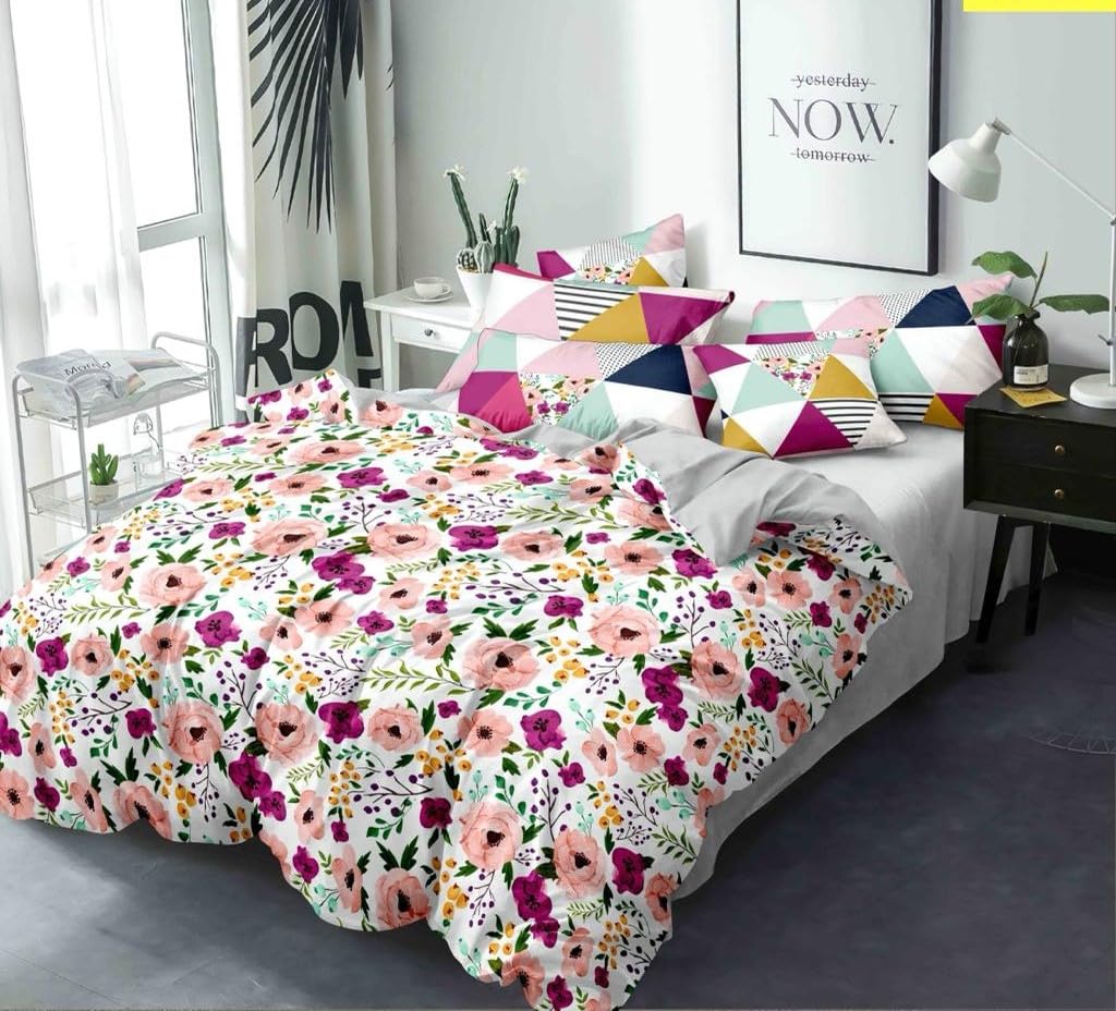 Glace Cotton Double Duvet Cover/Comforter Cover/Rajai Cover/Blanket Cover/Quilt Cover King Size 90X 100(Inches) with Zipper, 250 tc (Old Pink flawer)-image-28