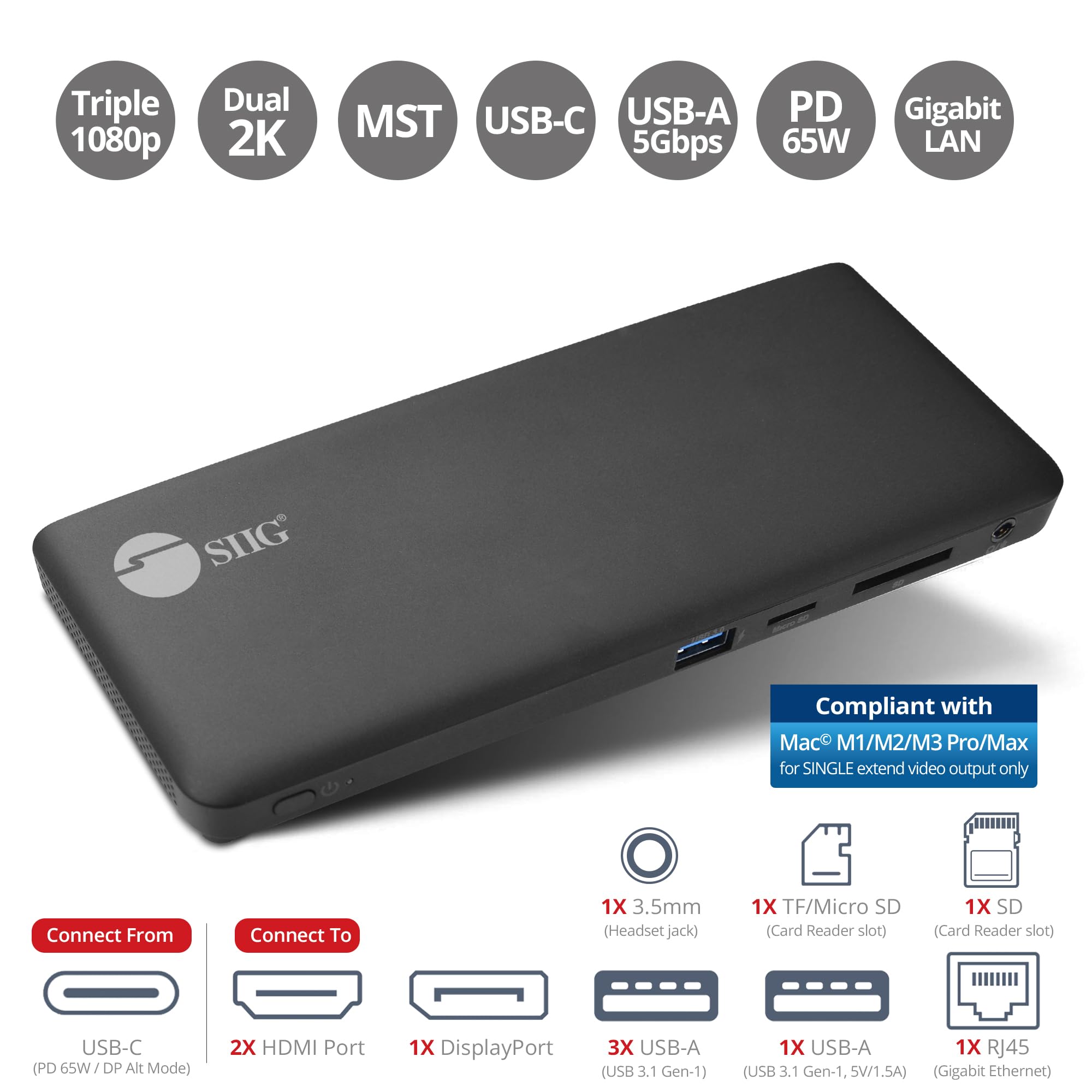 SIIG USB-C MST Triple Monitor Docking Station for Windows Thunderbolt 3 Compatible Single 4K Dual 2K Triple 1080p 65W PD, HDMI/DisplayPort, Gigabit Ethernet, SD/TF, USB 3.0 and Audio (JU-DK0R11-S1)