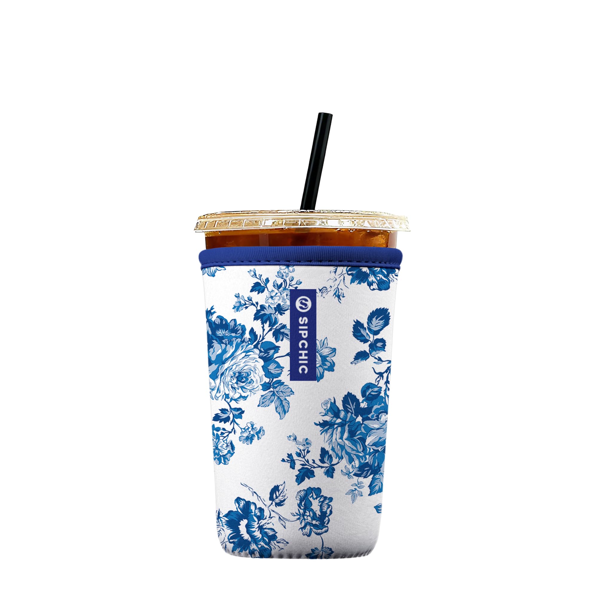 Iced Coffee Sleeve – Neoprene Reusable Cup Sleeves for Drinks, Insulated Drink Sleeves to Keep Hands Dry &amp; Drinks Cold, Stylish &amp; Durable Coffee Sleeves (Blue Porcelain Bloom, Medium: 22-29oz)