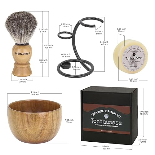 Miniatura 7 de Kit de brochas de afeitar para hombres, 4 en 1, incluye cepillo de afeitar de pelo de tejón, cuenco de madera, soporte de afeitado de acero