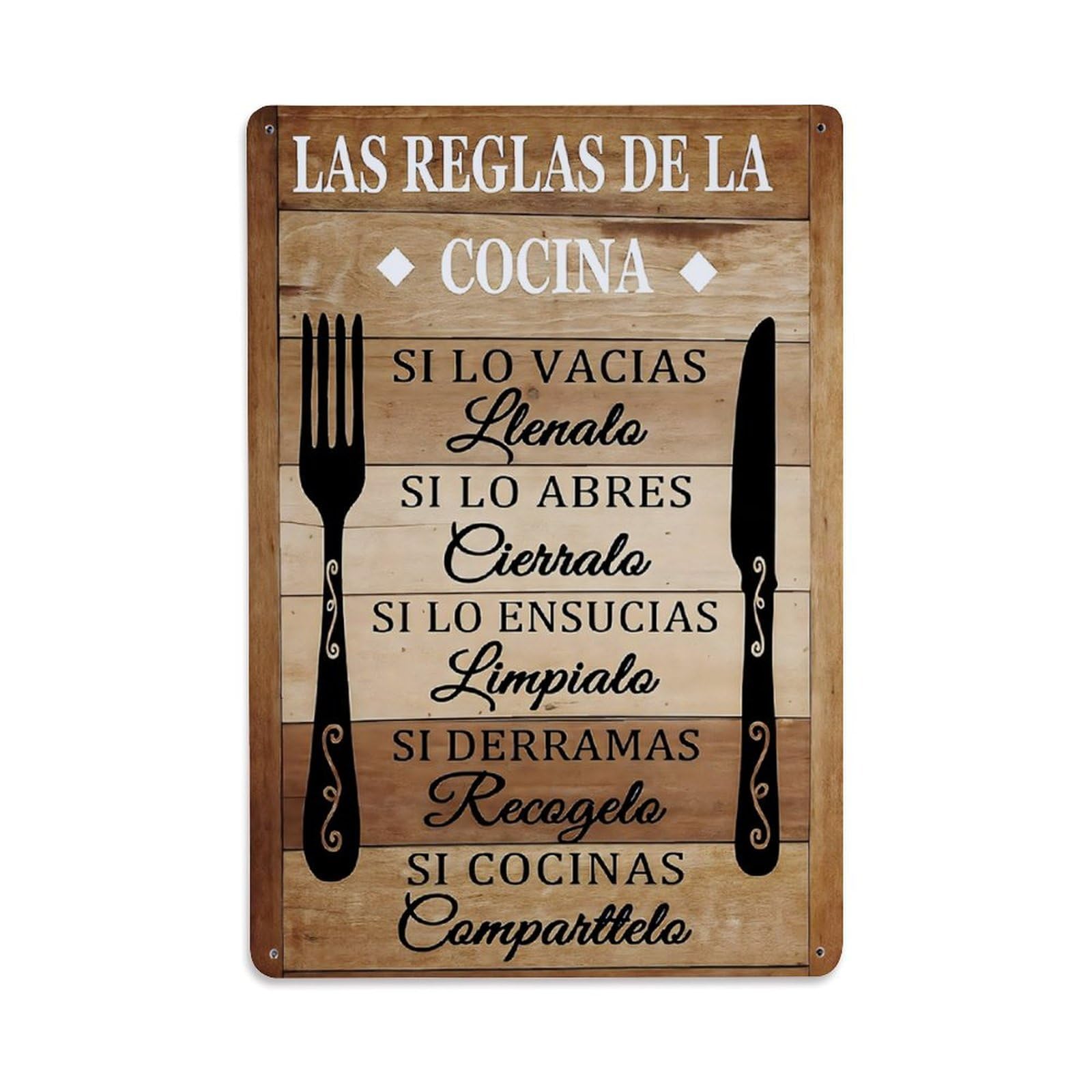 Las Reglas De La Cocina Spanish Kitchen Rules Rustic Wood Decor Vintage Aluminium Metal Sign, Retro Wall Decor for Home, Bar, Garage & Farmhouse 30x20cm