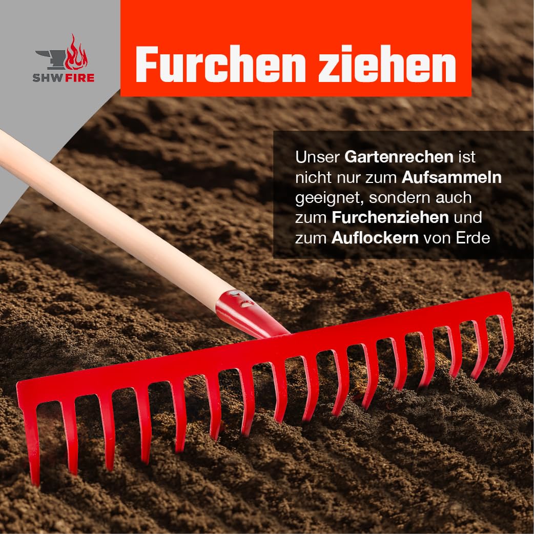 SHW-FIRE 16-Zinken Gartenrechen, 42 cm Rechenbreite, 150 cm Espenholzstiel