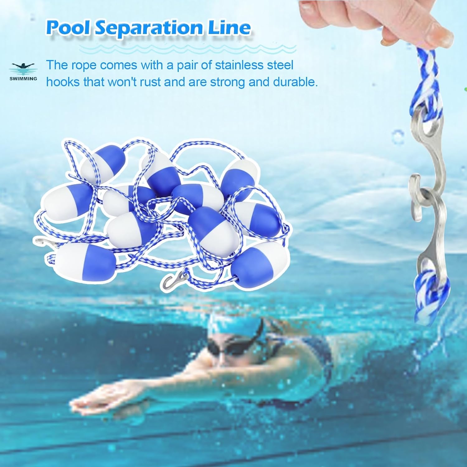 Blue White Pool Safety Floating Rope 10ft/20ft/30ft/40ft/50ft/60ft/100ft/150ft Long，Pool Bi Tone Lane Buoy Lines for Commercial Competition/Public, with 2 Hooks
