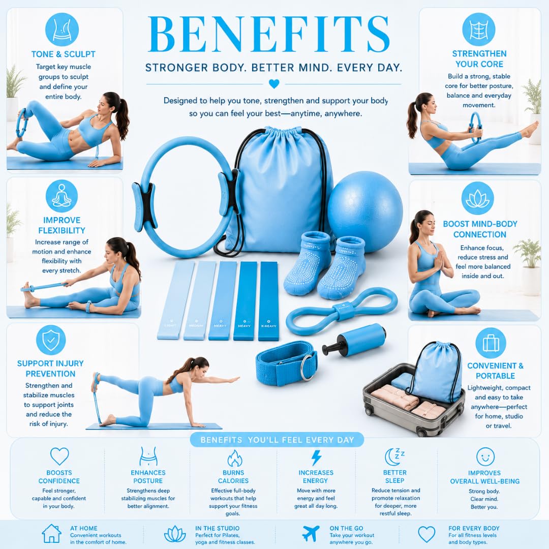 Juego de anillos de pilates para mujer, equipo de pilates de entrenamiento en casa con bandas de resistencia, círculo mágico de 14 pulgadas, mini bola, kit de inicio de pilates para fuerza