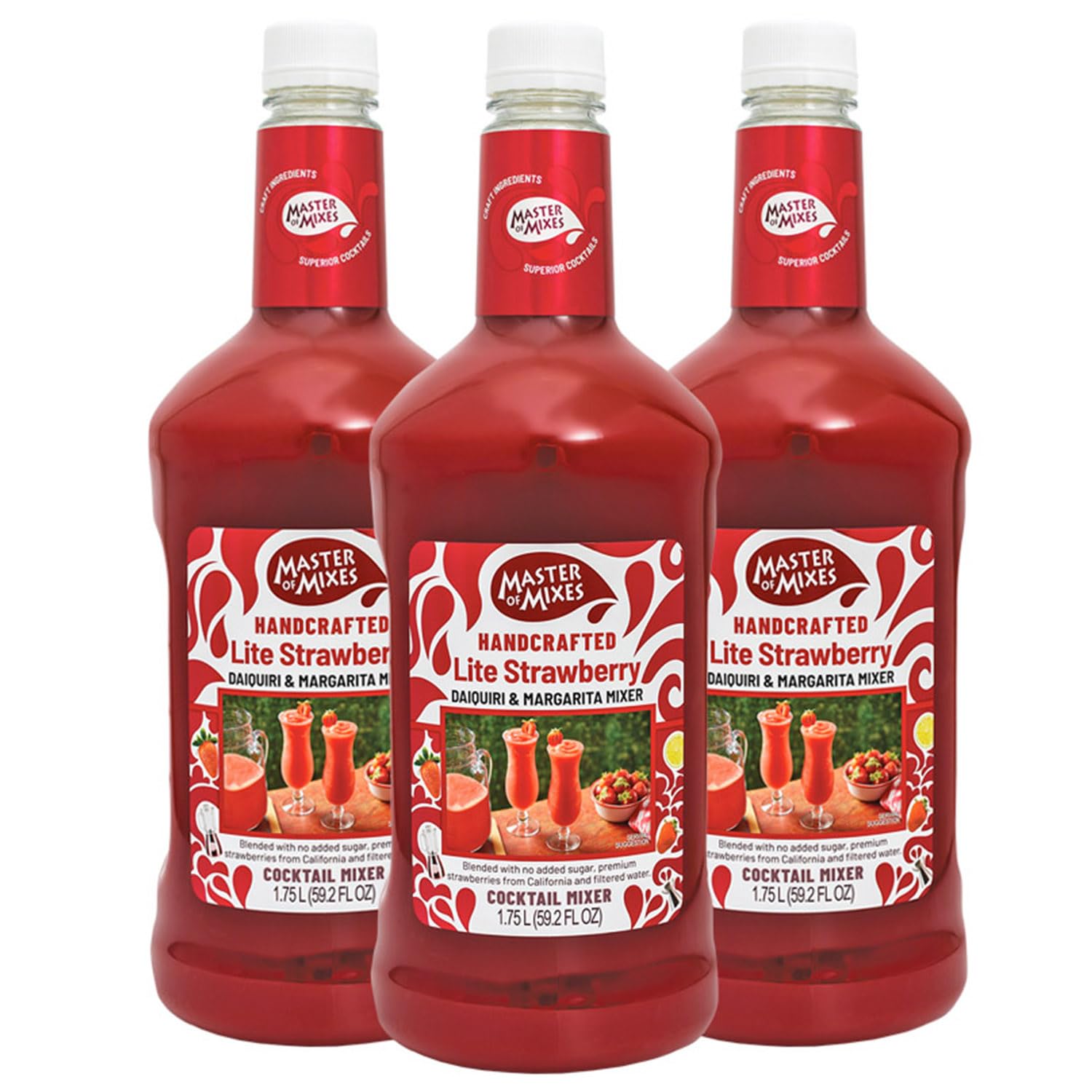 Master of Mixes Strawberry Daiquiri/Margarita Lite Drink Mix, Ready To Use, 1.75 Liter Bottle (59.2 Fl Oz), Pack of 3