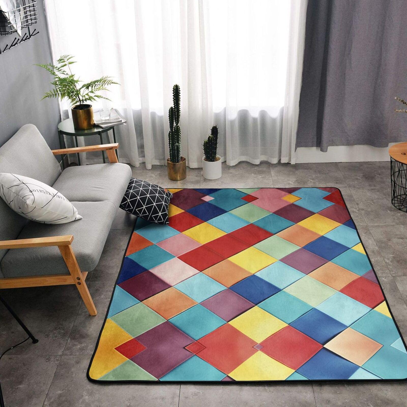 Tapete antideslizante de franela a cuadros coloridos de 63 x 48 pulgadas, tapetes para puerta delantera y trasera para interiores y exteriores
