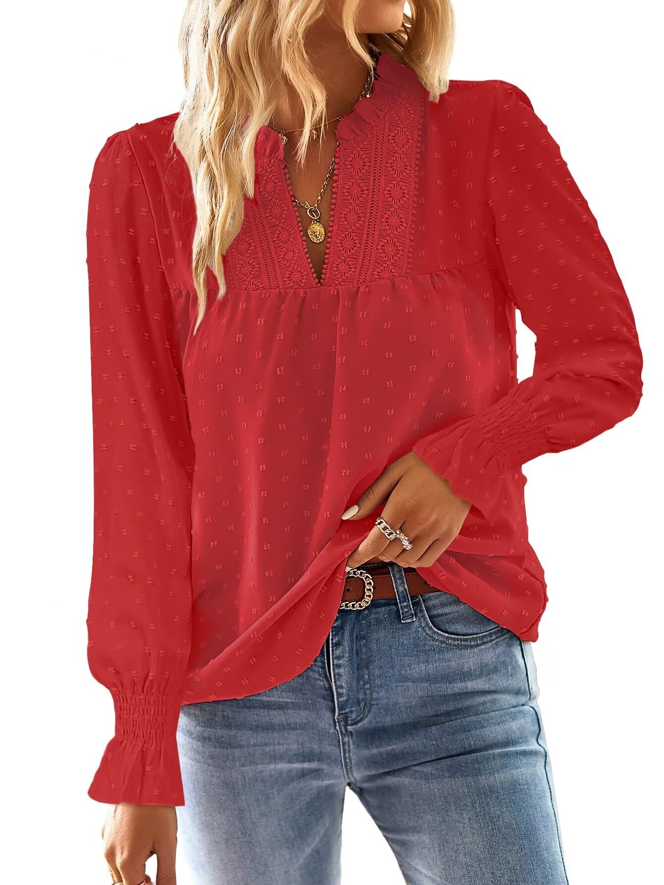 TUUHAW Langarmshirt Damen Herbst Boho Top Oberteile Fließend Elegant V-Ausschnitt T Shirt Süß Lässig Outfits Frühling Winter Longshirt Spitze Kleidung Paspel Volant