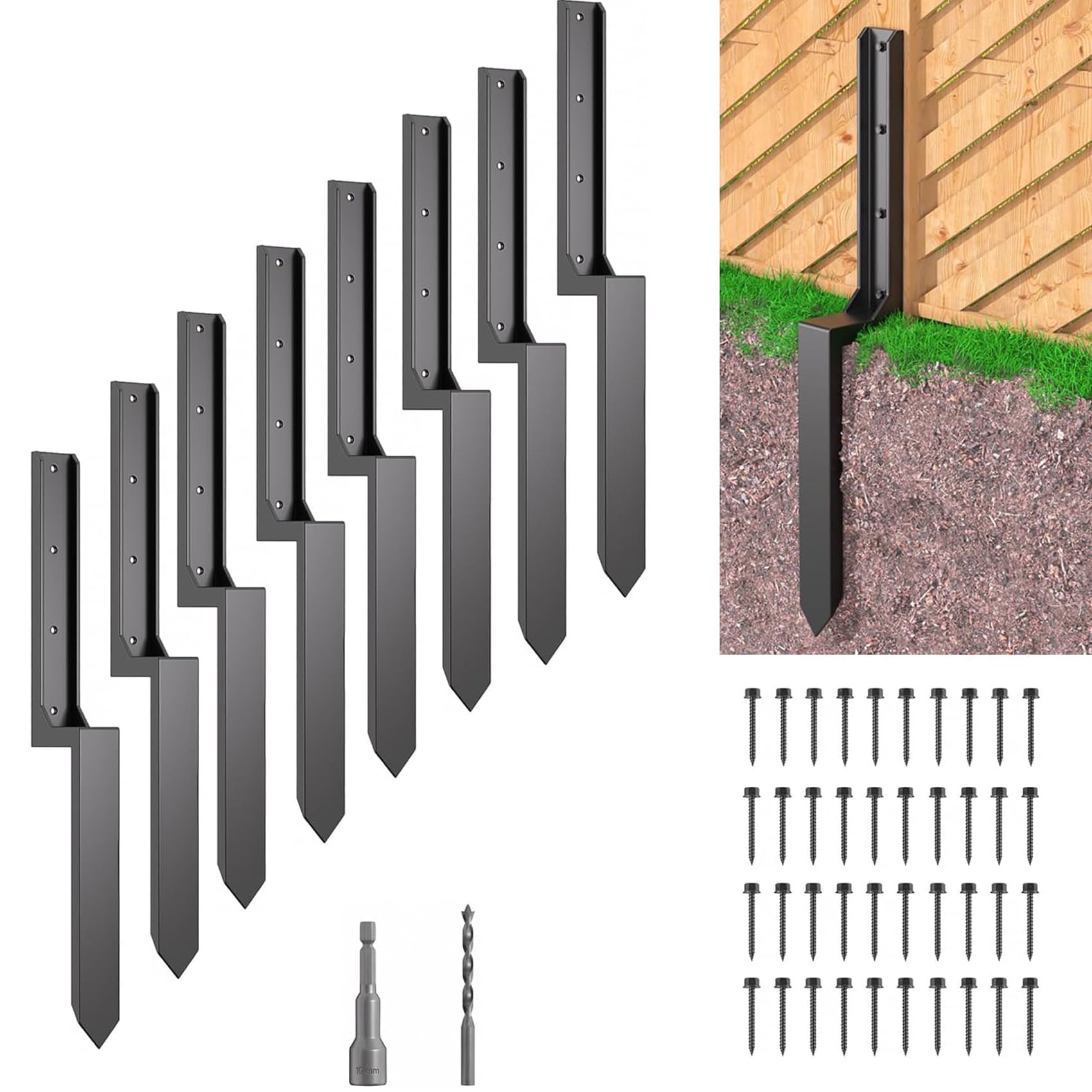 8 Pack Fence Post Repair Kit, Fence Post Anchor, Post Buddy Fence Repair - Quick and Easy Solution for Fence Repair - Secure and Stable - Black(Lbzj-8)