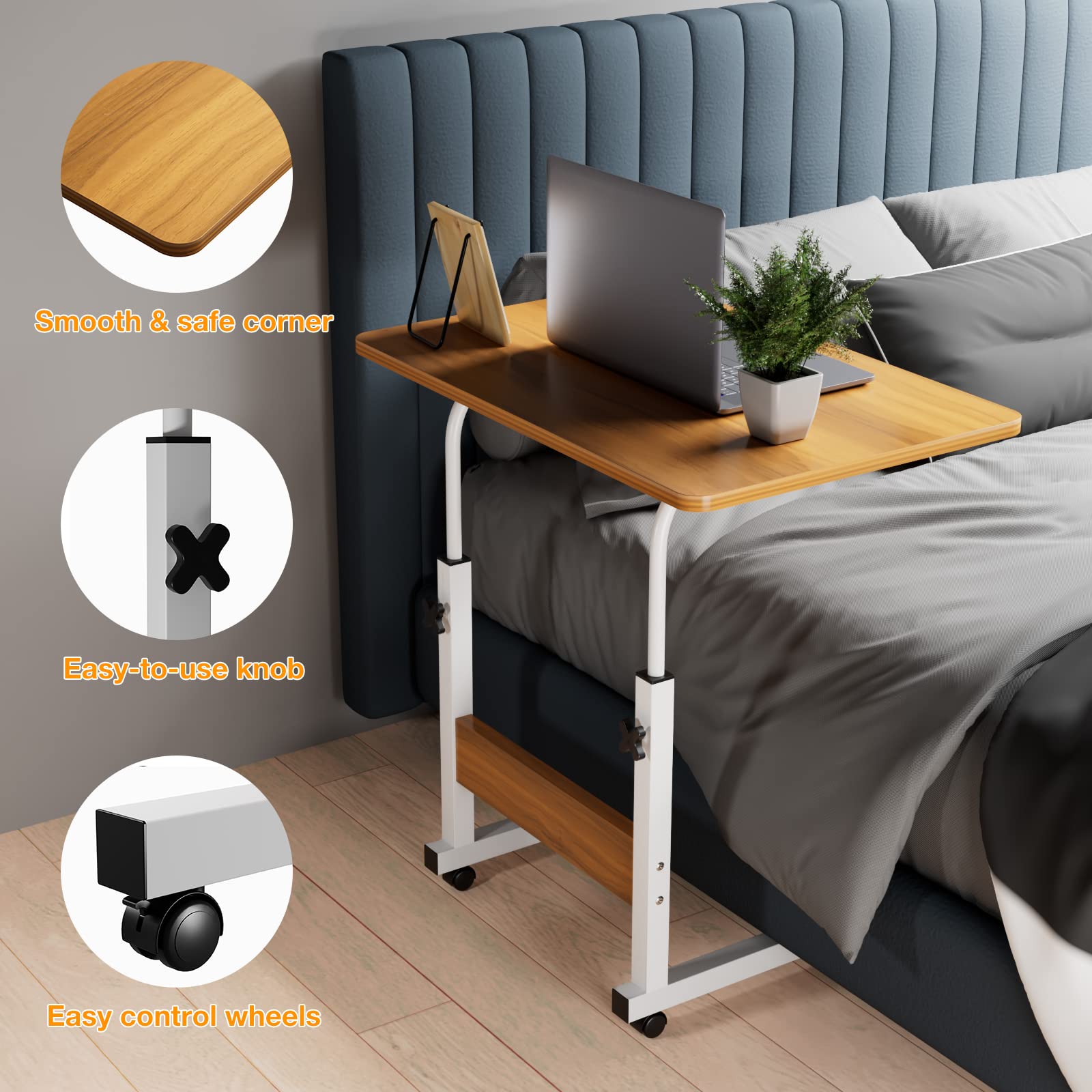 Scrivania Regolabile in Altezza Professionali, Tavolino da Letto per PC con Ruote, 60x40cm Tavolo da Lavoro Mobile, Standing Desk per Ufficio, Camera da Letto, Soggiorno, Divano, Cameretta, Beige