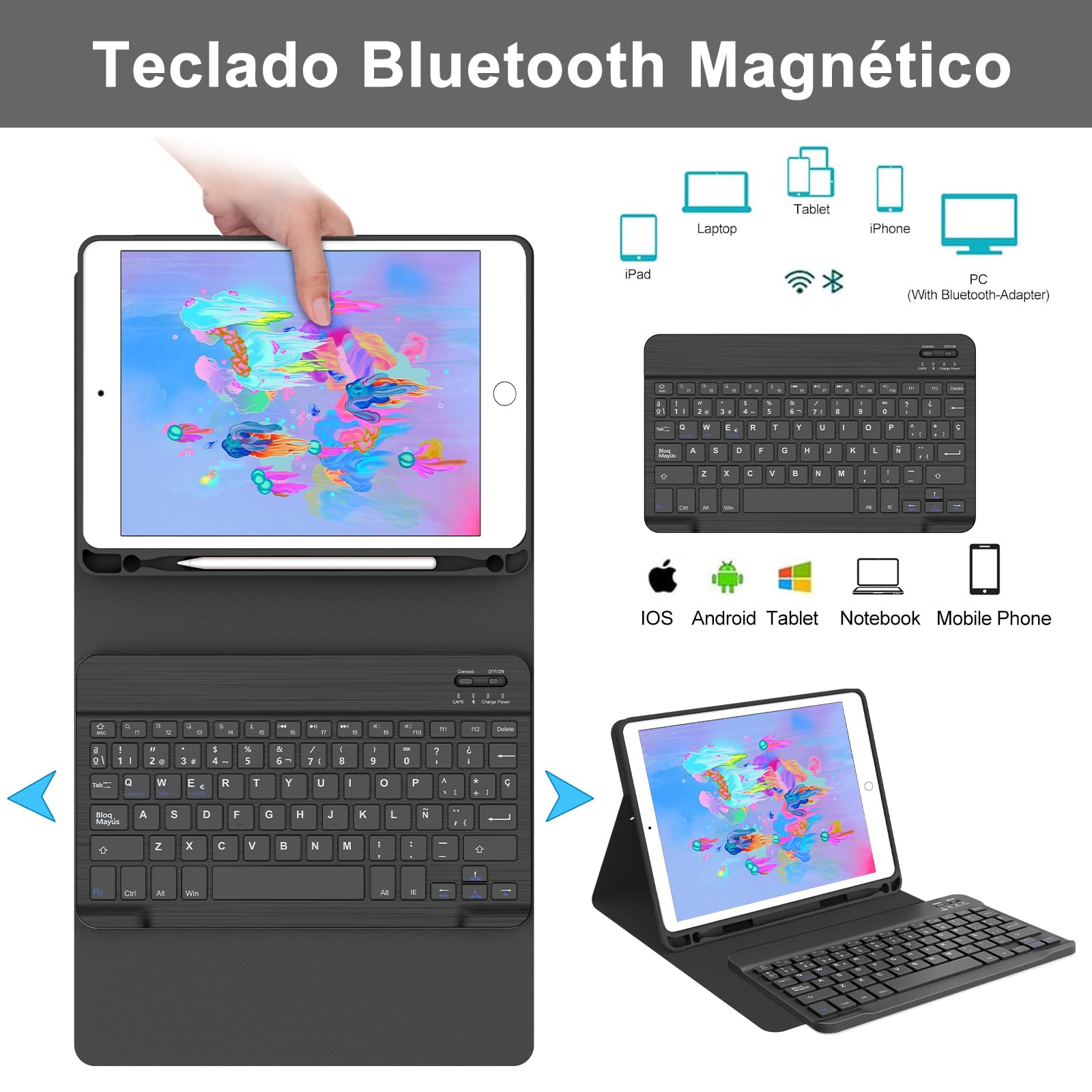 FOGARI Teclado para iPad 6/5 Generacion 2018/2017 9.7", Air 2/1 2014/2013, Español Ñ QWERTY Teclado Bluetooth Magnético Desmontable para iPad 6/5 Generación 2018/2017 9.7 Pulgadas, Negro