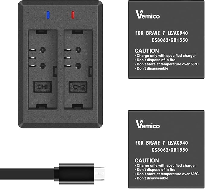 Vemico Action Camera Battery Charger Kit 2 x 1350mAh Brave