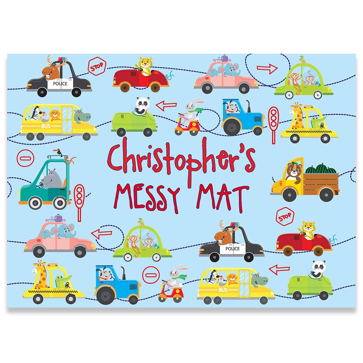 Paper Themes Personalised Messy Mat Plastic Table Cloth Wipe Clean Protect your table and floor from spills and accidents ((M) 75 x 55 cm, Cars)