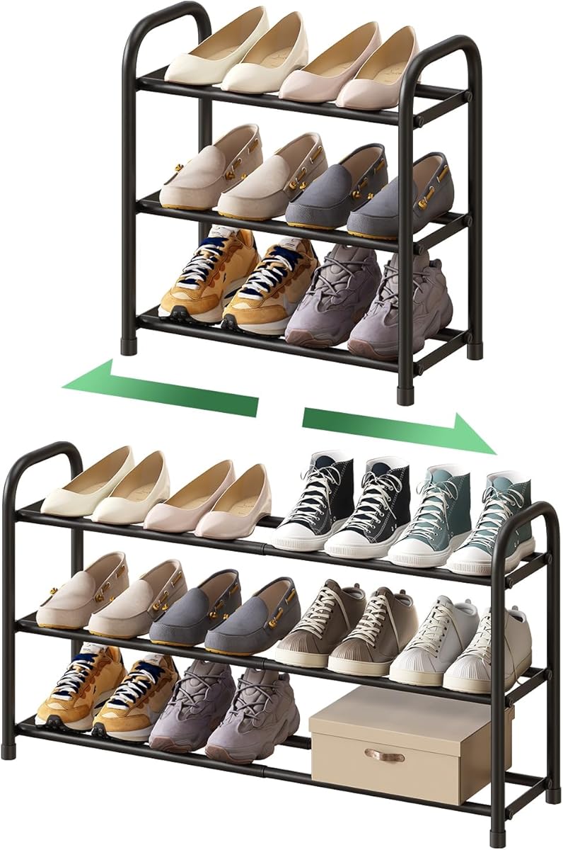kiplant Shoe Rack for Closet, 3-Tier Expandable Shoe Organizer, Metal Adjustable Black Shoe Shelf Storage Organizer, Free Standing Shoe Rack for Entryway Closet Doorway