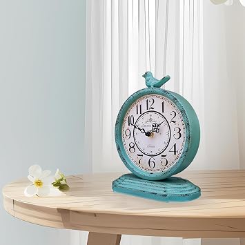 HZDHCLH Table Clocks 23 cm Height Silent Non Ticking Roman Retro Art Desk Clock for Living Room Bedroom Office(Aquatic green)
