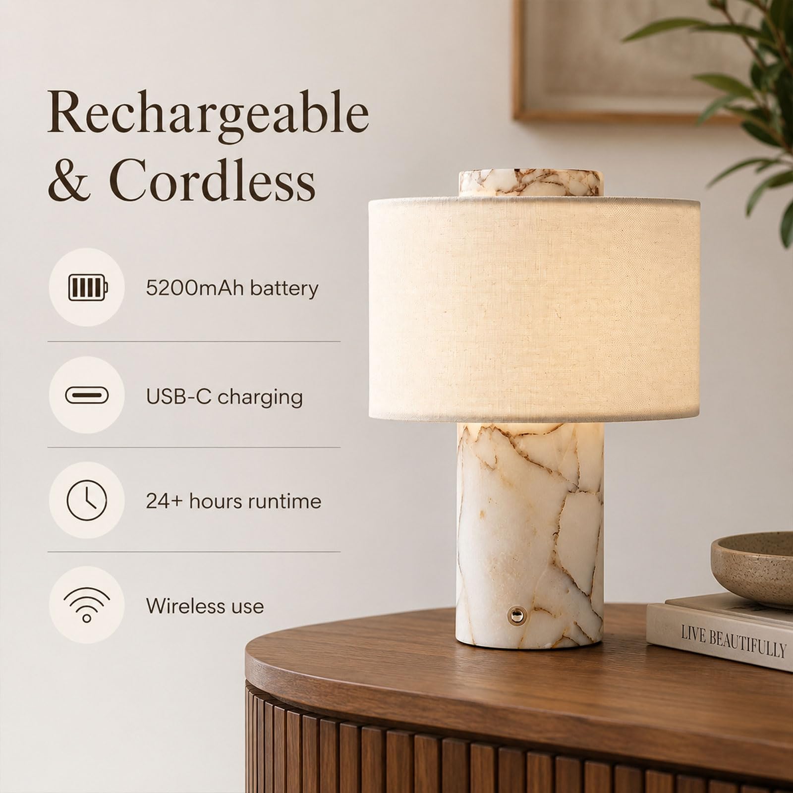Lampe De Table En Marbre Rechargeable Sans Fil 5200 MAh, En Pierre À LED, Chevet À Intensité Réglable Par Effleurement, 3 Températures, Veilleuse Beige Lin Pour Chambre, Salon Ou Bureau