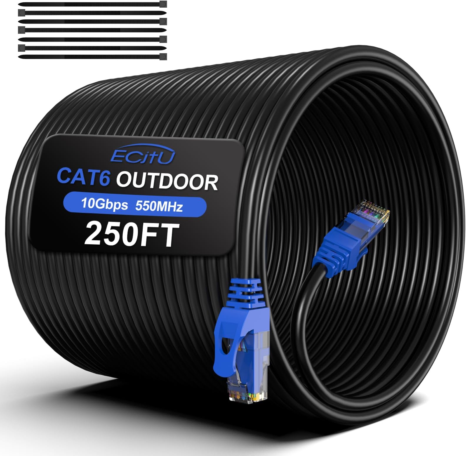 250FT Cat6 Outdoor Ethernet Cable, In-Ground, Heavy Duty Direct Burial, 24AWG CCA Patch Cord, POE, UTP, Waterproof, LLDPE UV Resistant, Network, Internet, LAN, Cat 6 Cable 250 Feet with 25 Cable Ties