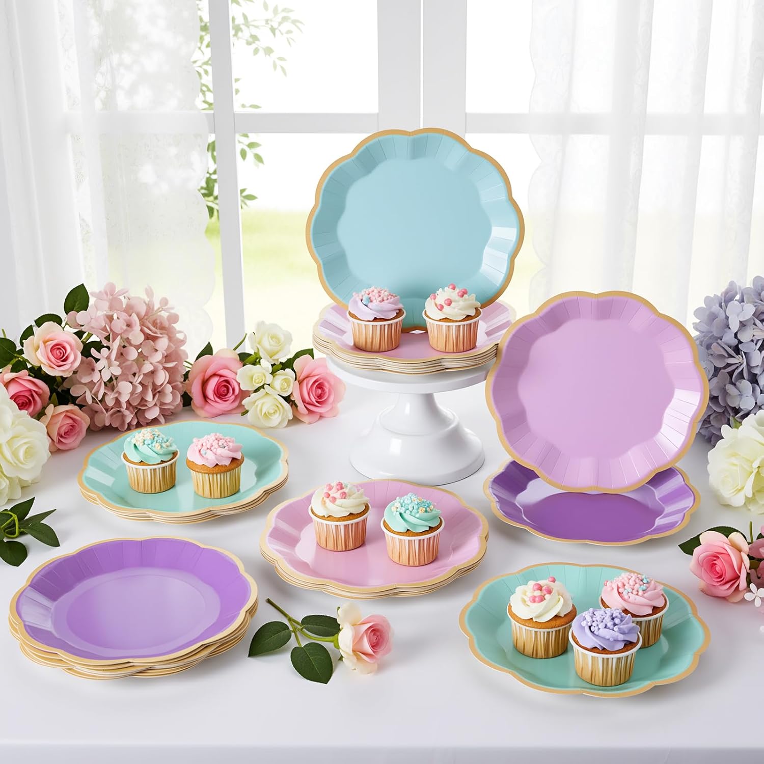72 Pcs Mermaid Paper Plates 9 Inch Pink Blue Purple Scalloped Paper Disposable Dinner Dessert Plates for Seashell Sea Birthday Wedding Bridal Party Supplies, 6 Colors