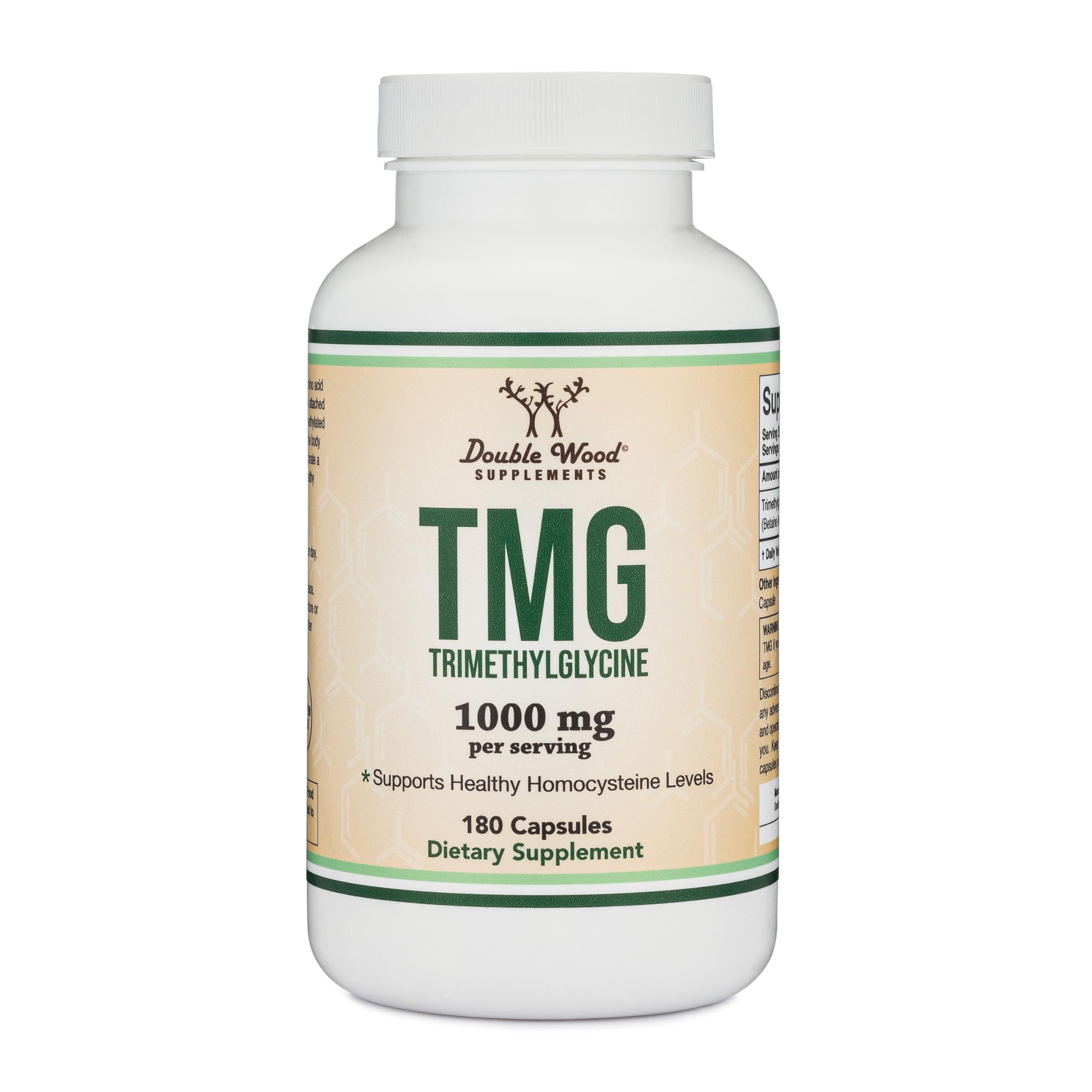 Double Wood Supplements TMG Trimethylglycine Supplement 1,000mg Per Serving, 180 Capsules (TMG Supplements for Homocysteine Control) Genuine TMG with Fishy Smell, Gluten Free, Non-GMO