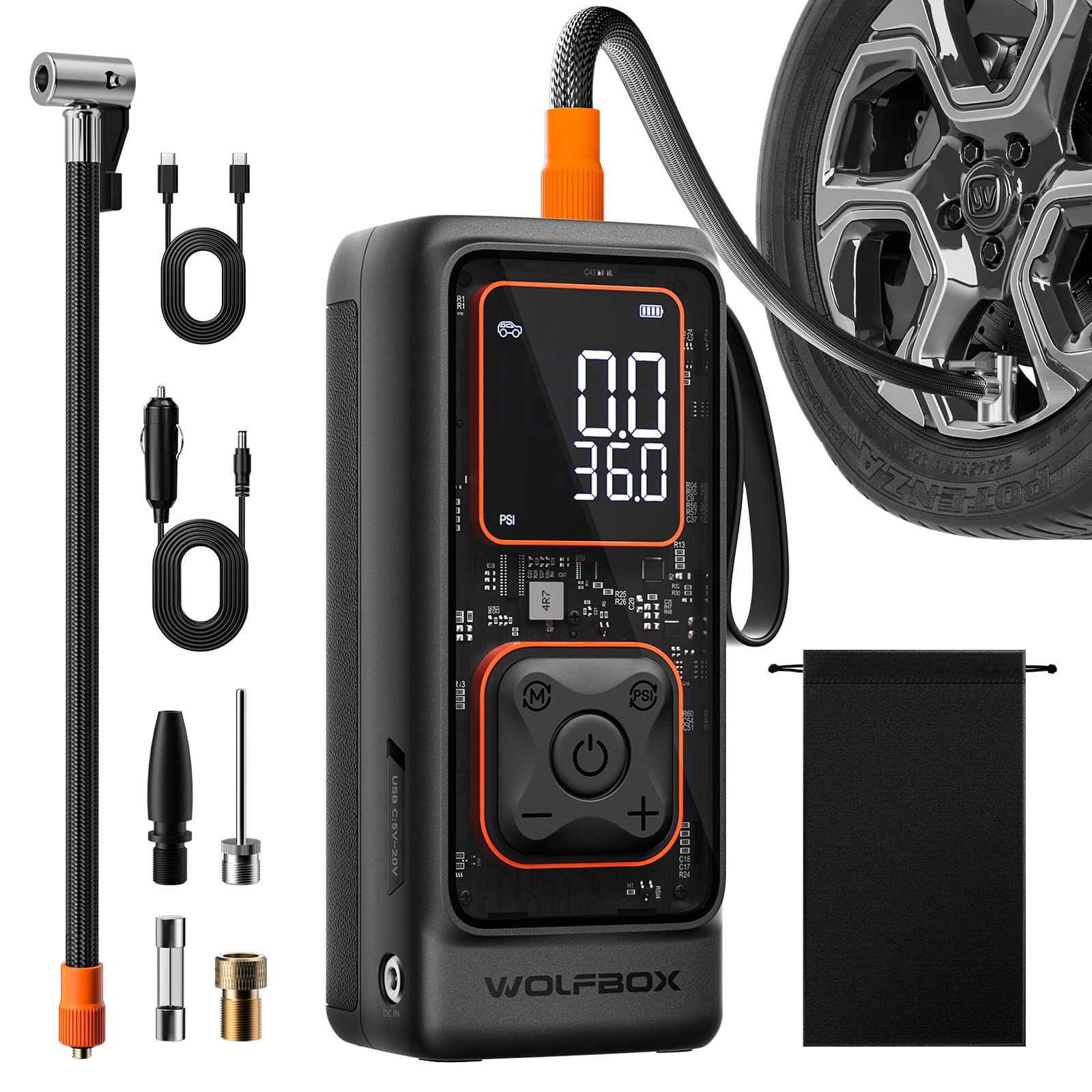 WOLFBOX 150PSI Tire Inflator Portable Air Compressor, Cordless Air Pump for Car Tires with Digital Pressure Gauge, Portable Tire Pump, Auto Shut-Off, LED Flashlight