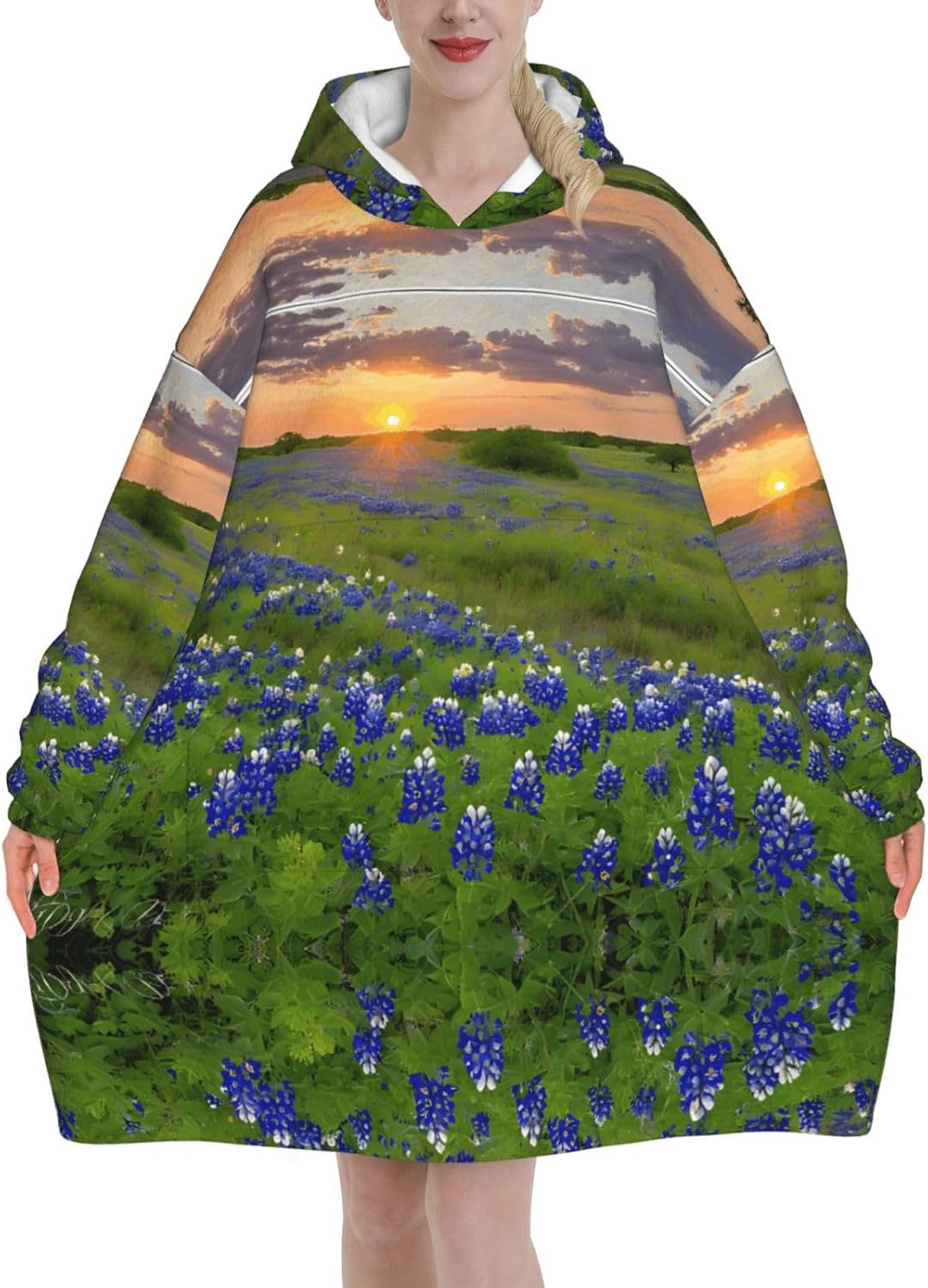 MUSM Texas Bluebonnets Scenery Print Blanket Hoodie Fleece Sweatshirt Blanket With Sleeves And Pockets