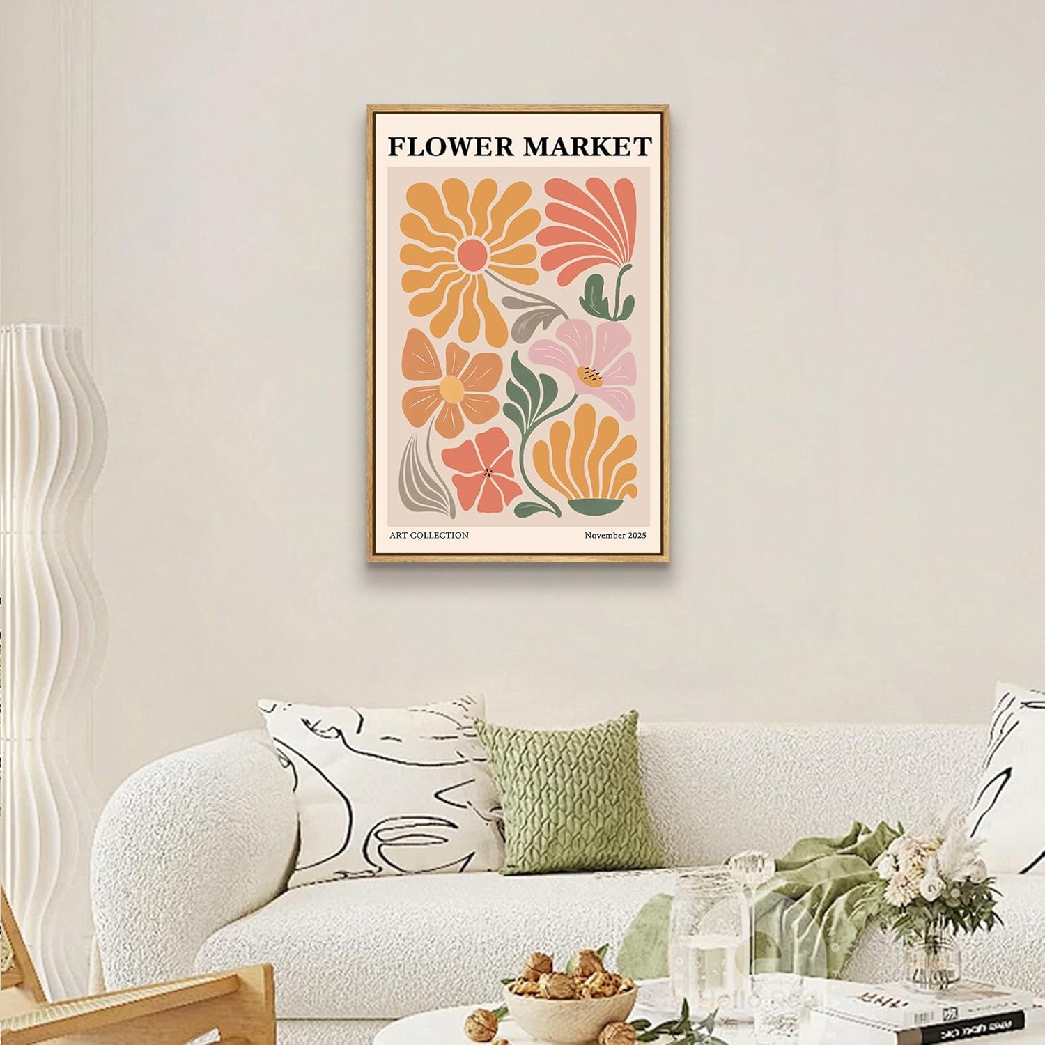 Yihaca Boho Flower Canvas Wall Art Abstract Floral Pictures Prints Minimalist Botanical Painting Flower Market Aesthetic Wall Decor for Living room Bedroom 12"x16" Natural Framed