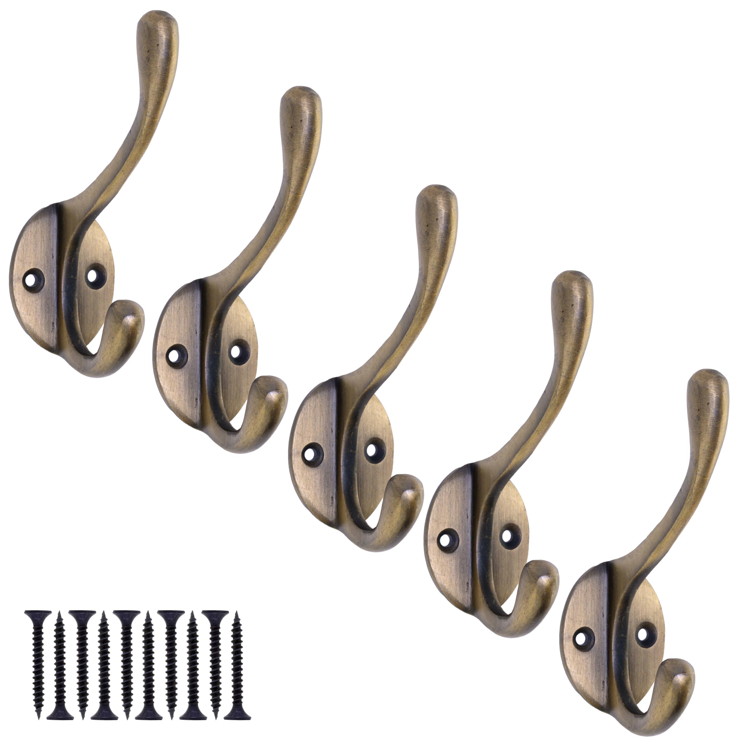 EDUWURXS Cast Iron Coat Hooks Antique Brass Finish, 5 Pack