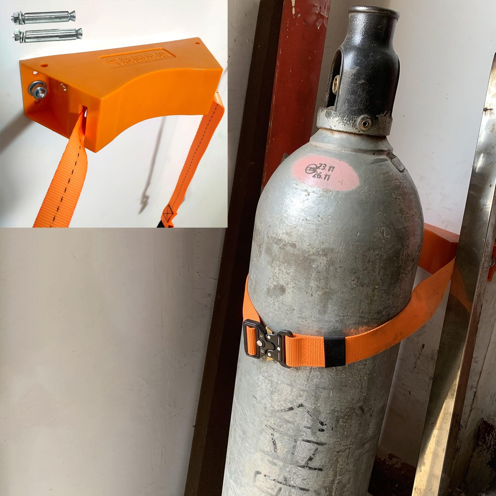 ASerZenith Oxygen Cylinder Rack Propane Tank Holder Bracket Wall Mount, Nitrogen Tank Holder Oxygen Cylinder Stand, Plastic Oxygen Tank Holder With Safety Strap,Orange-2Pcs