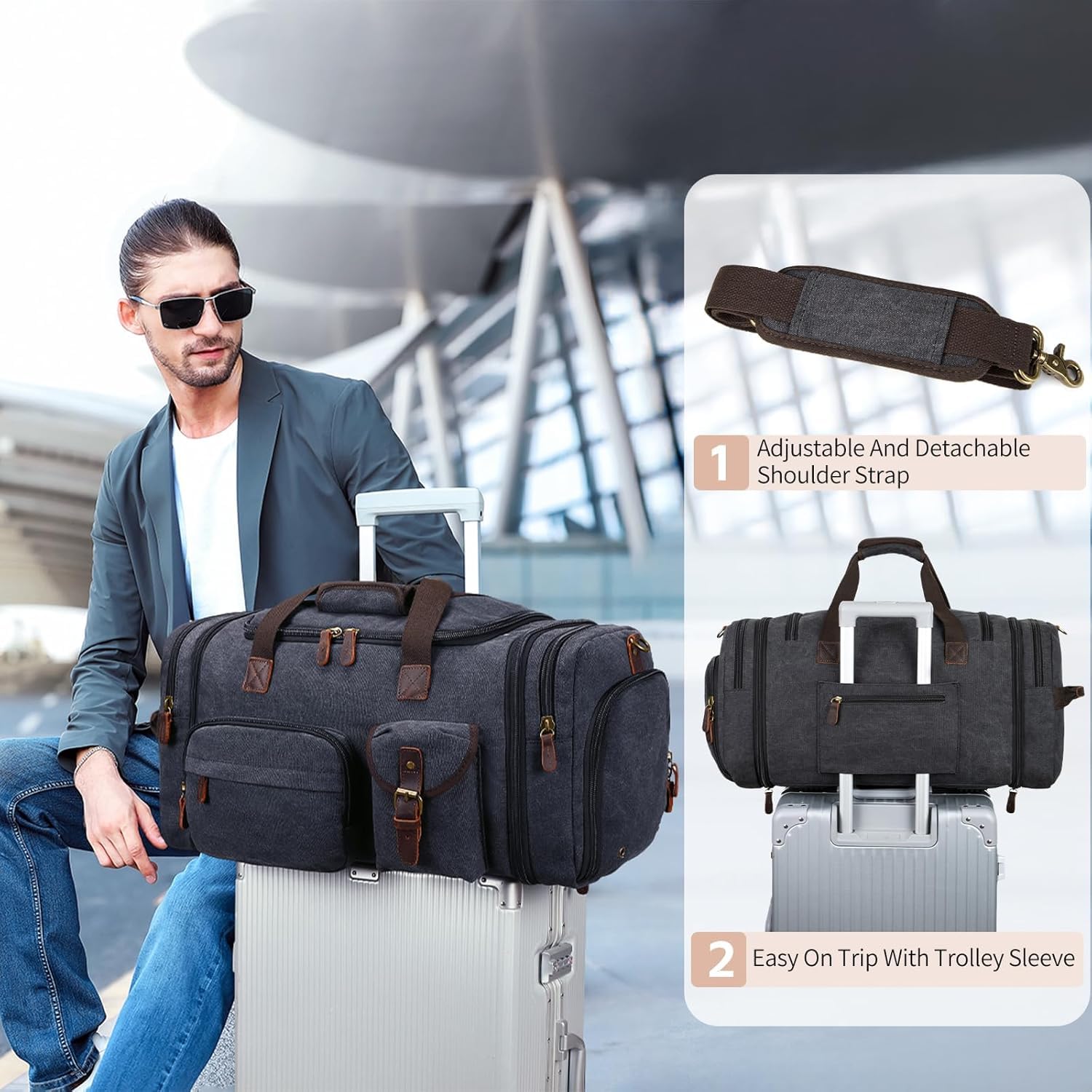 Bolsa de lona expandible para hombre, 60 litros, con compartimento para zapatos, para llevar a cabo el fin de semana, con compartimento para zapatos, para aviones, Gris-oscuro, Exteriores 5