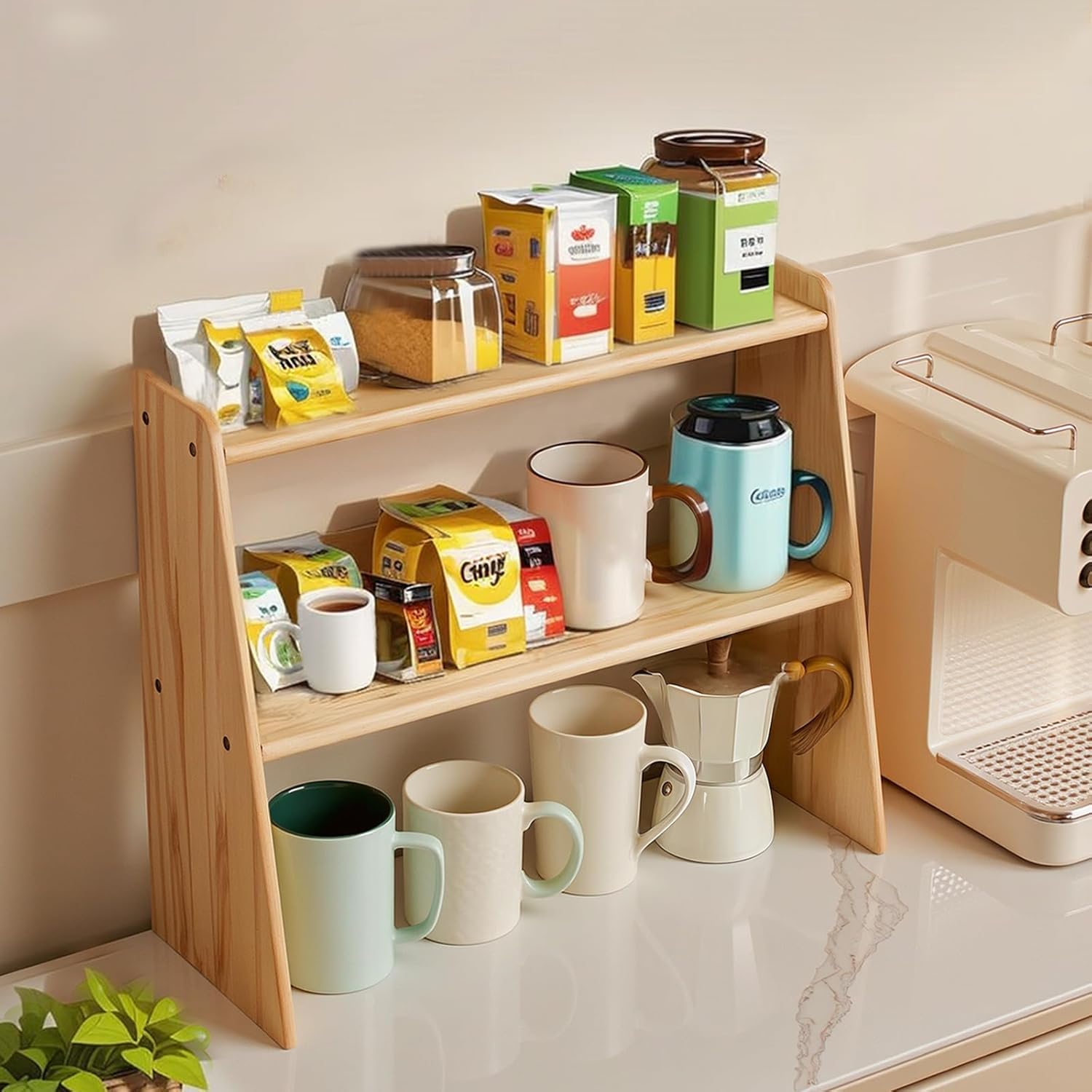 Kaffeestation Organizer, Holz Arbeitsplatte Regal für Tee Kaffee Bar Zubehör, Küche Lagerregal für Tassen, Pods und Gewürze, Kleiner Matcha-Ständer für Zuhause oder Büro