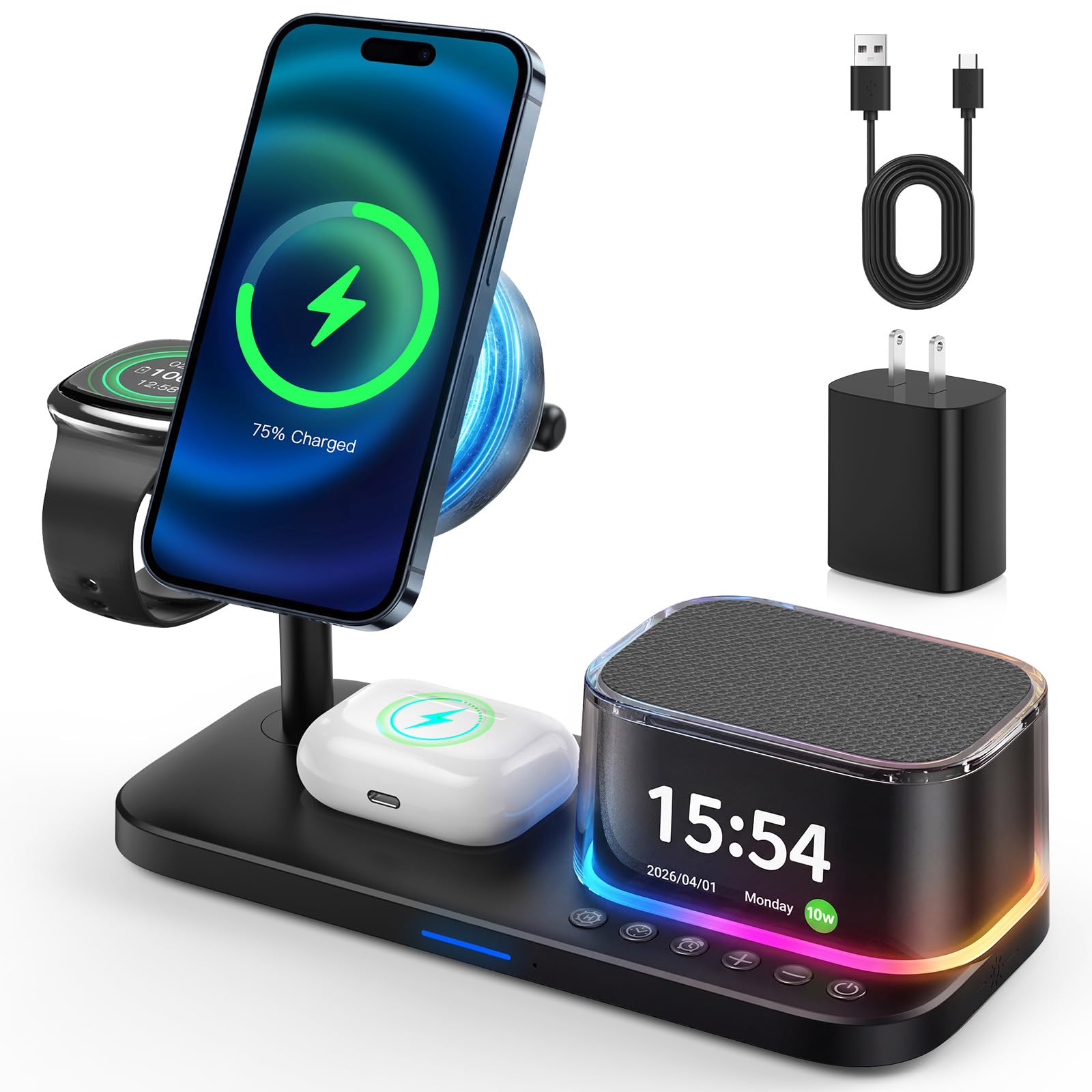 Photo 1 of 9-in-1 MagSafe Compatible Wireless Charging Station with Bluetooth Speaker & Cooling Fan, 45W GaN Fast Charger for iPhone 15/14/13, Apple Watch & AirPods, LED Clock Alarm, RGB Bedside Dock