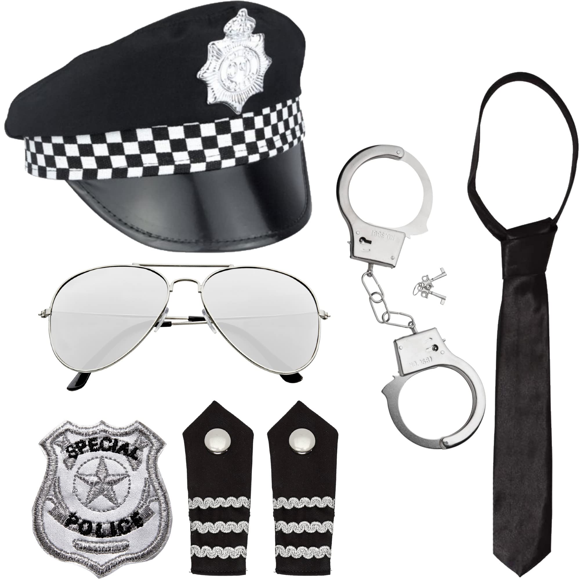 Mega_Jumble Adult Unisex Police Uniform Accessory Set ~ Police Hat, Handcuffs, Tie, Glasses, Epaulettes & Badge | Role Play Cop SWAT NYPD British Policeman Fancy Dress Costume