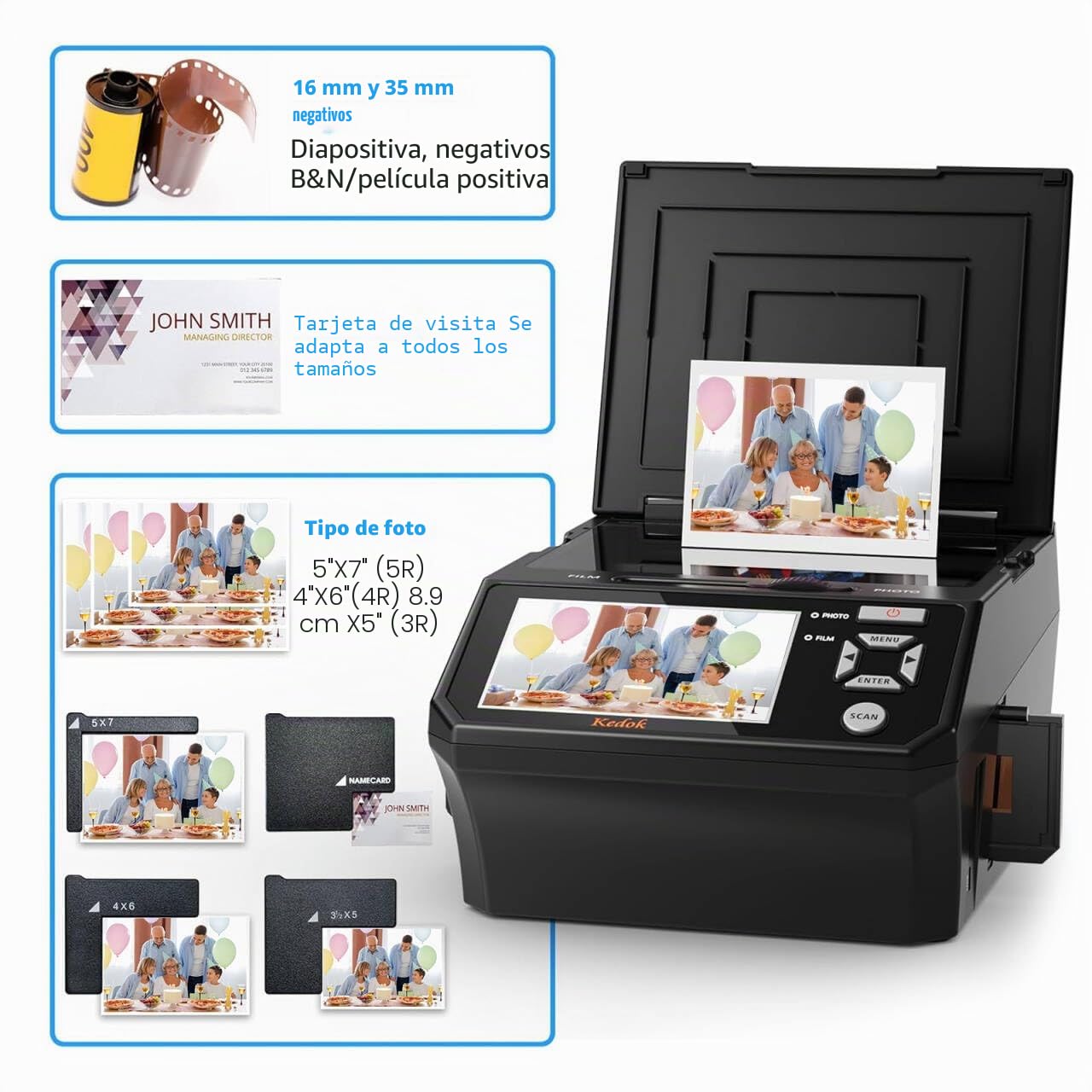 Escáner digital de películas y diapositivas: con pantalla LCD de 5 pulgadas, convierte películas, fotos y tarjetas de visita de 35 mm y 110 mm a JPEG de alta resolución, incluye tarjeta SD de 8 GB.