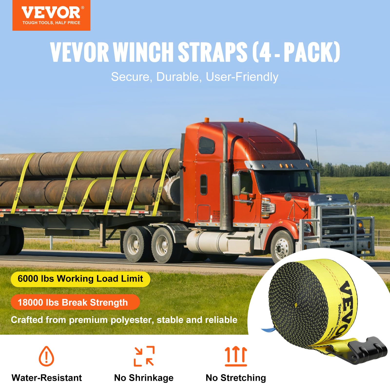 VEVOR Paski do wciągarki, 10 cm x 80 cm, nośność 2,721 kg, wytrzymałość na rozerwanie 8164.7 kg, pasy do ciężarówek z płaskim hakiem, kontrola ładunku do przyczep, gospodarstw rolnych, ratowniczych,