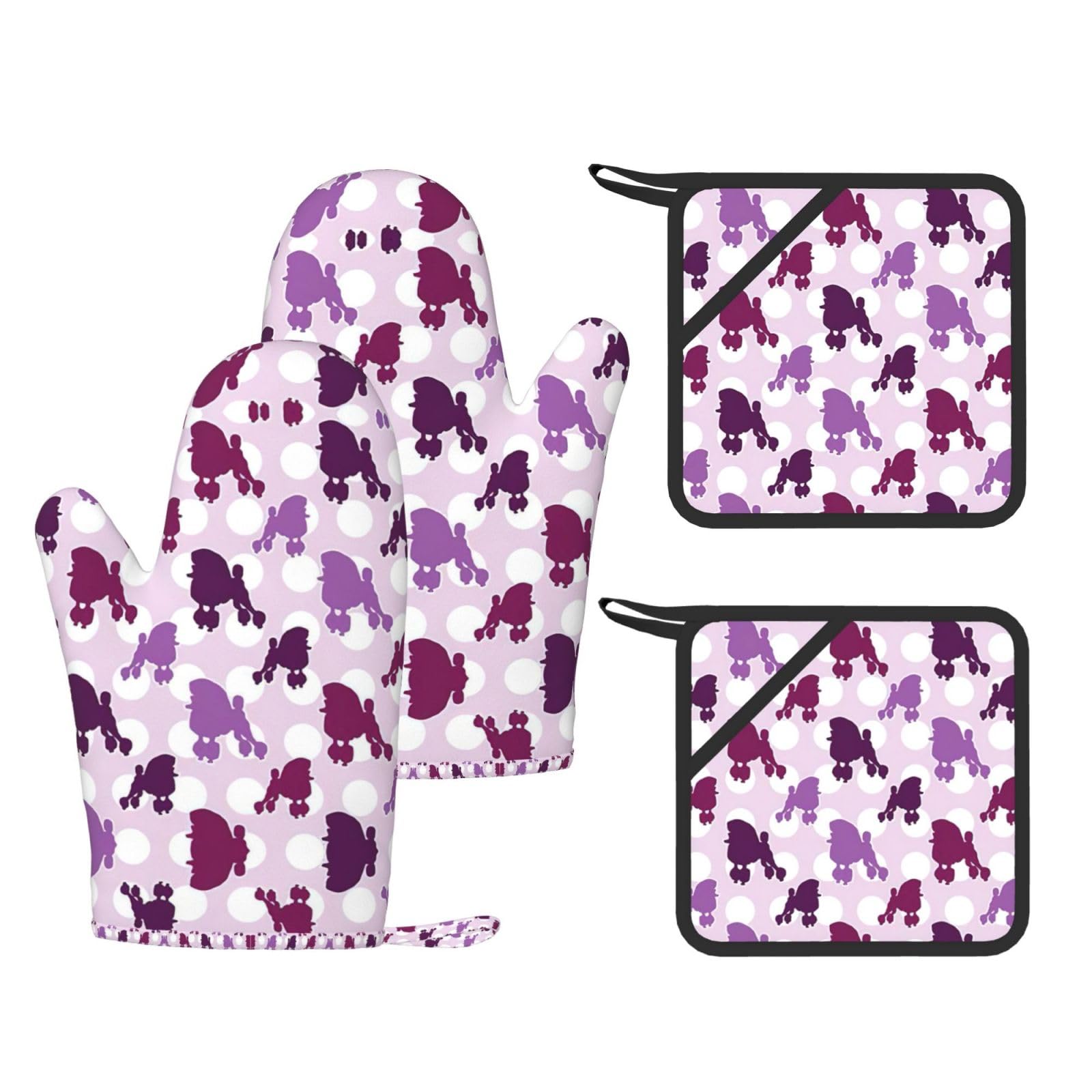 purple Poodle Polka Dot Printed Cooking Mitts and Pot Holders 4 Pcs, Heat Resistant Oven Gloves with Hanging Loop Chef