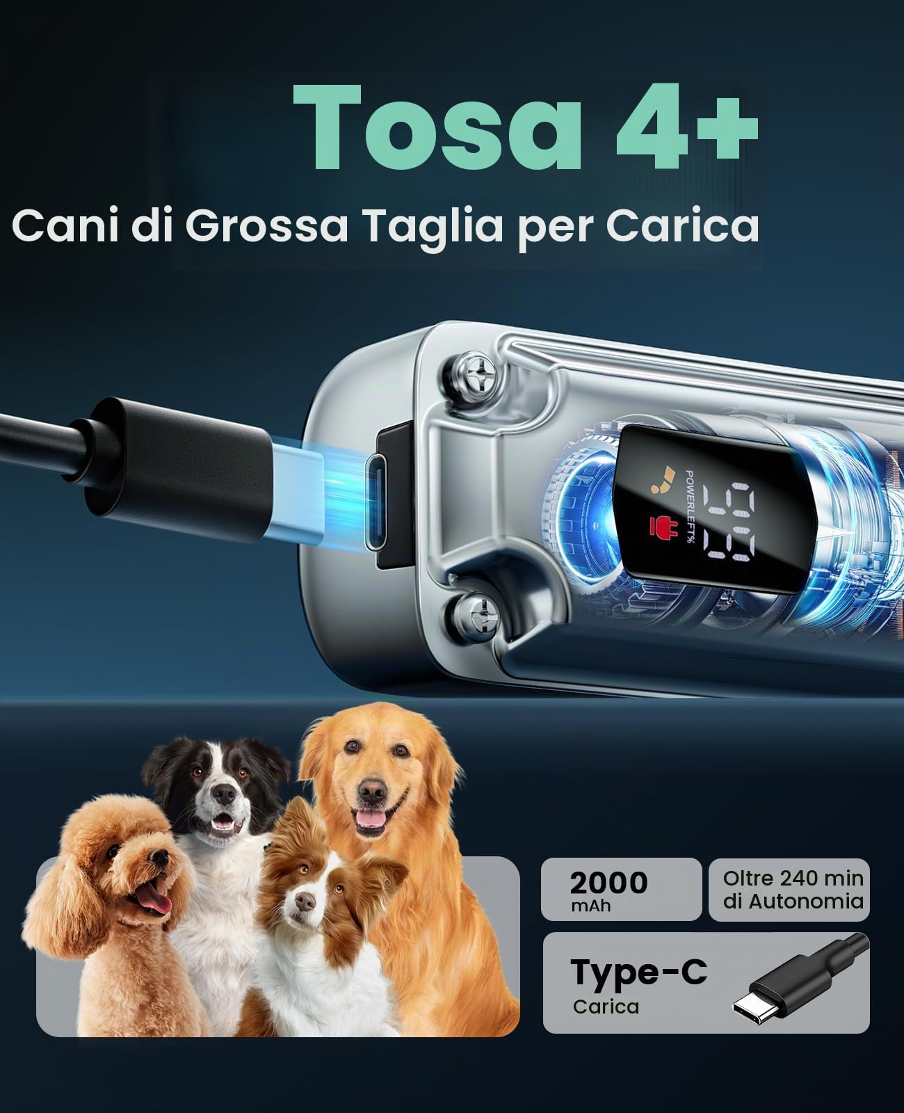 oneisall Tosatrice per cani per toelettatura di peli spessi, kit per la toelettatura dei cani a basso rumore con lama in acciaio inossidabile, rasoio impermeabile per cani spessi/opachi/annodati/fini