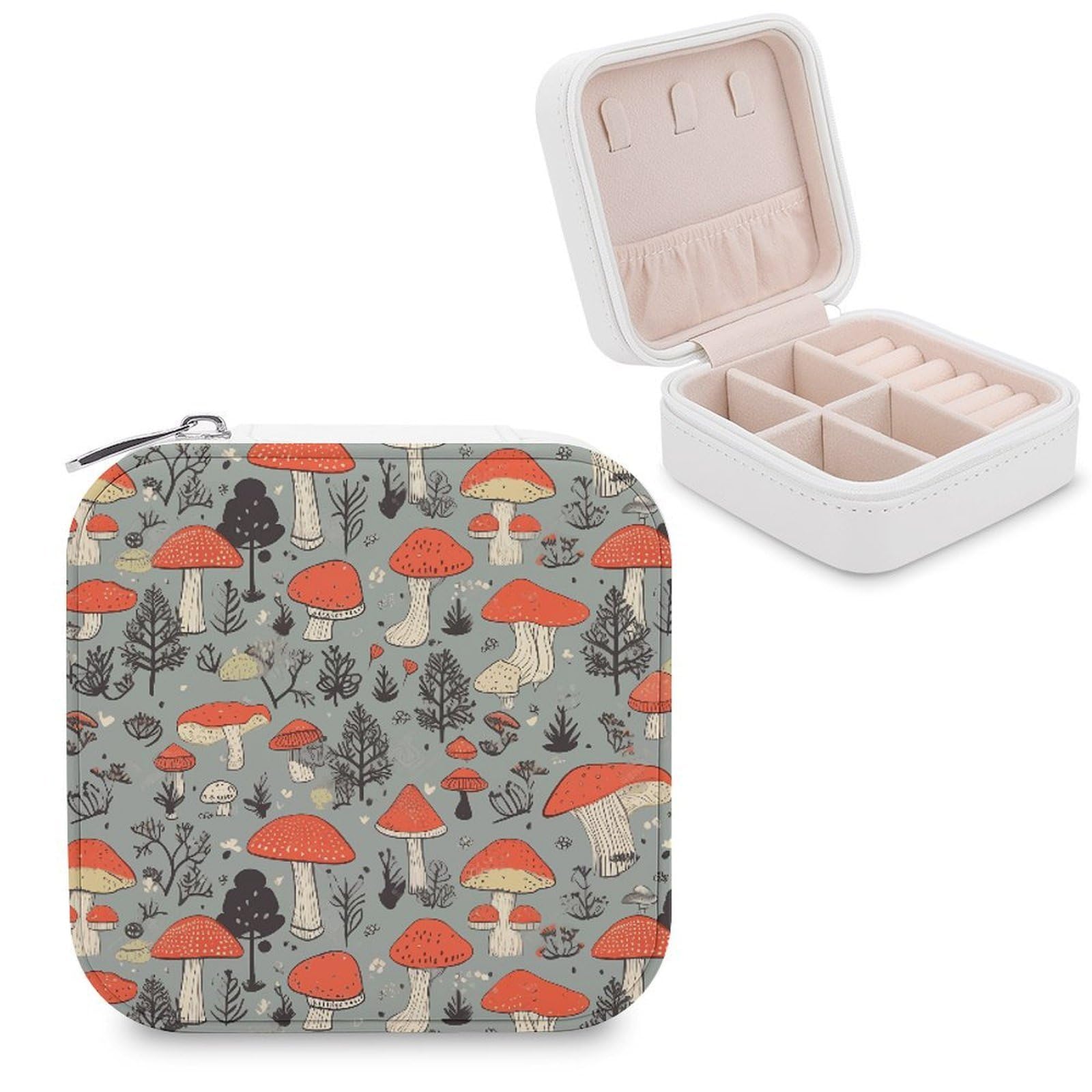 FekiLoot Mushroom2 Jewelry Box Custom Jewelry Travel Case Pu Leather Trinket Organizer Box to Organize Ring Pendant Earring Small Portable Jewelry Storage Holder for Women