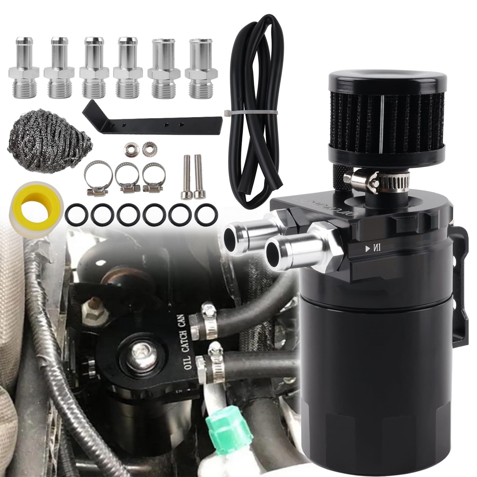 Récupérateur d'huile universel, 300 ml en aluminium, réservoir séparateur d'huile avec filtre pour systèmes PCV non montés (noir)