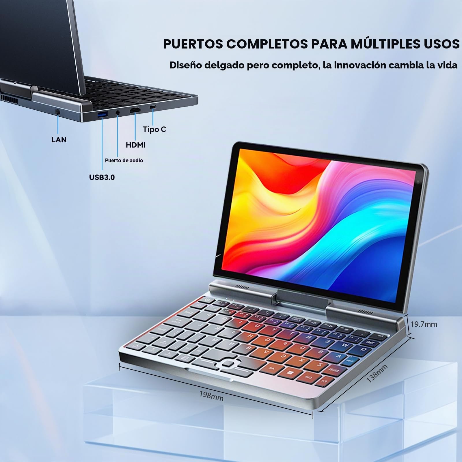 Mini portátil 8 Pulgadas, 2 en 1 Win 11, Pantalla HD giratoria, 12 GB RAM 512 GB SSD, Teclado retroiluminado, N150, cámara 2M