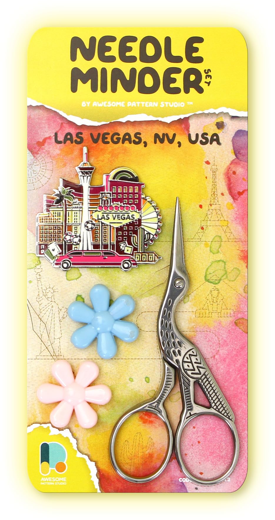 Awesome Pattern Studio Needle Minder Set - Las Vegas Magnetic Needle Minder + 2 Needle Threaders + Crane Scissors. Enamel Pin for Cross Stitch, Embroidery and Craft