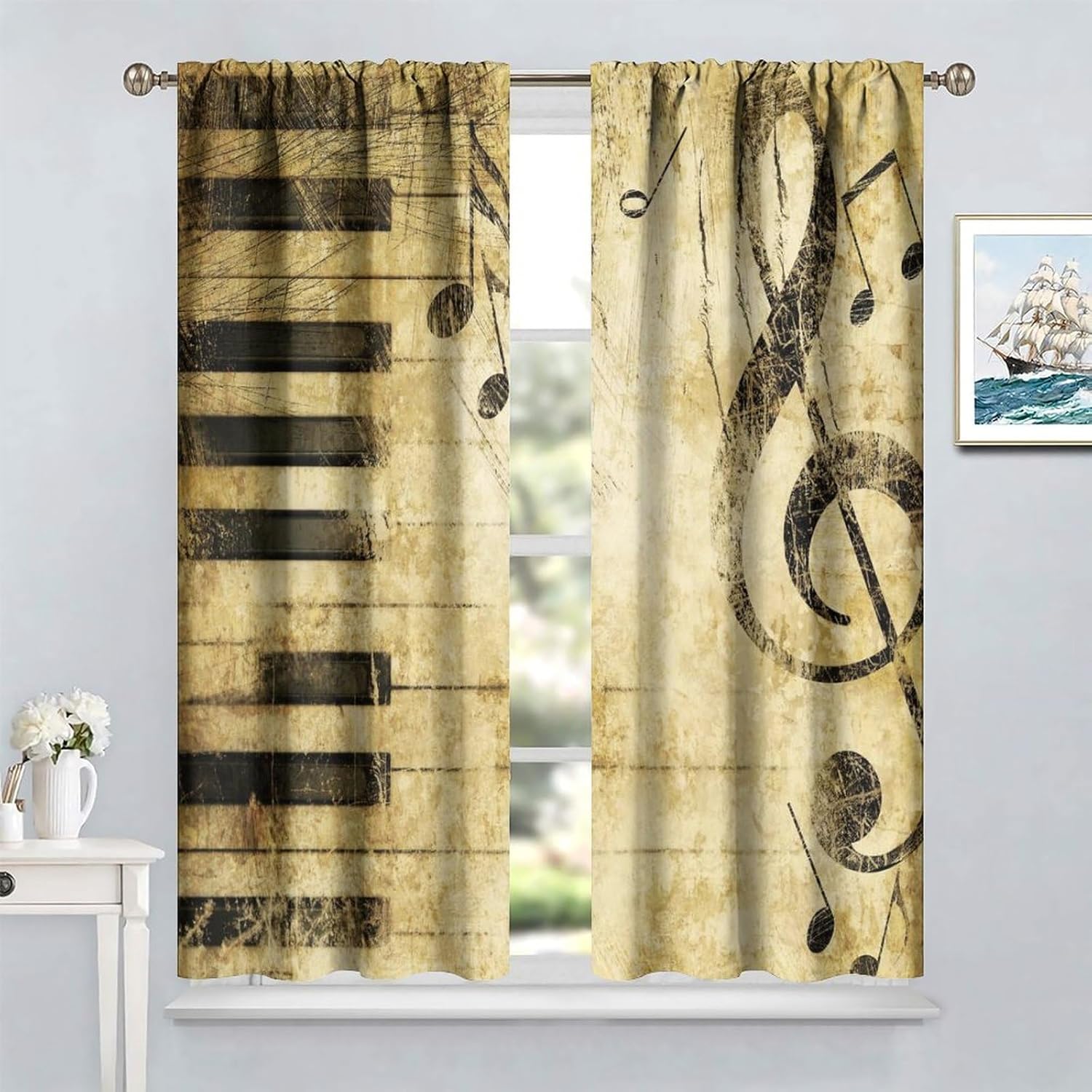 Music Notes Curtains, Vintage Retro Musical Abstract Pattern Window Treatments for Bedroom Living Room Nursery Kids Room Blackout Decorative Drapes 2 Panel Sets,55x63 Inch
