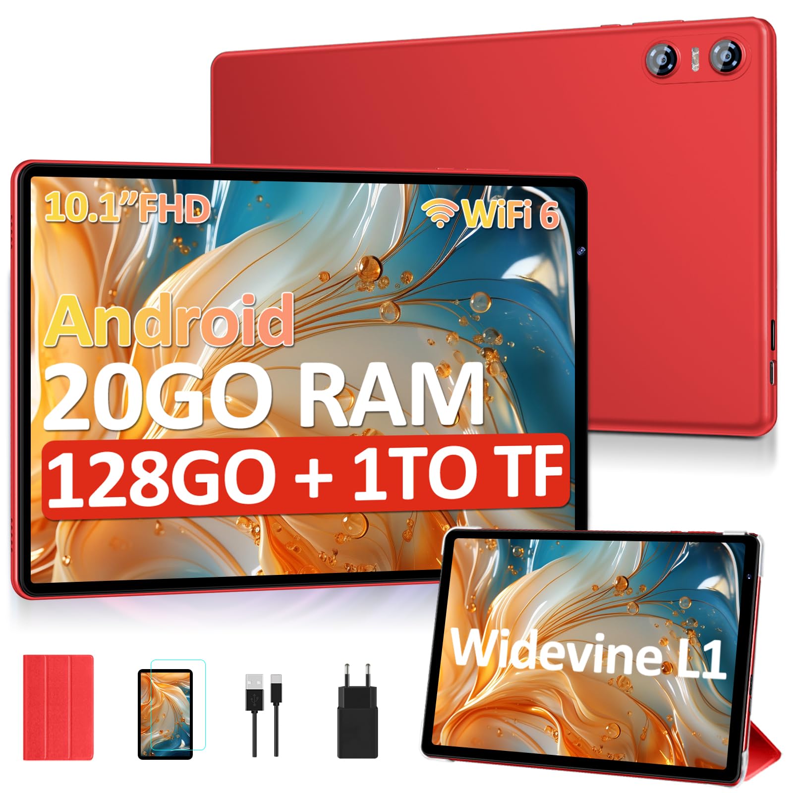 Tablet 10 Pollici Android con 20 GB RAM + 128 GB ROM(Espandibile Fino a 1 TB), Widevine L1, Octa-Core, Wi-Fi 6, Bluetooth 5.0, Fotocamera 8MP + 5MP, 6000mAh, Tablet con custodia protettiva, Rosso