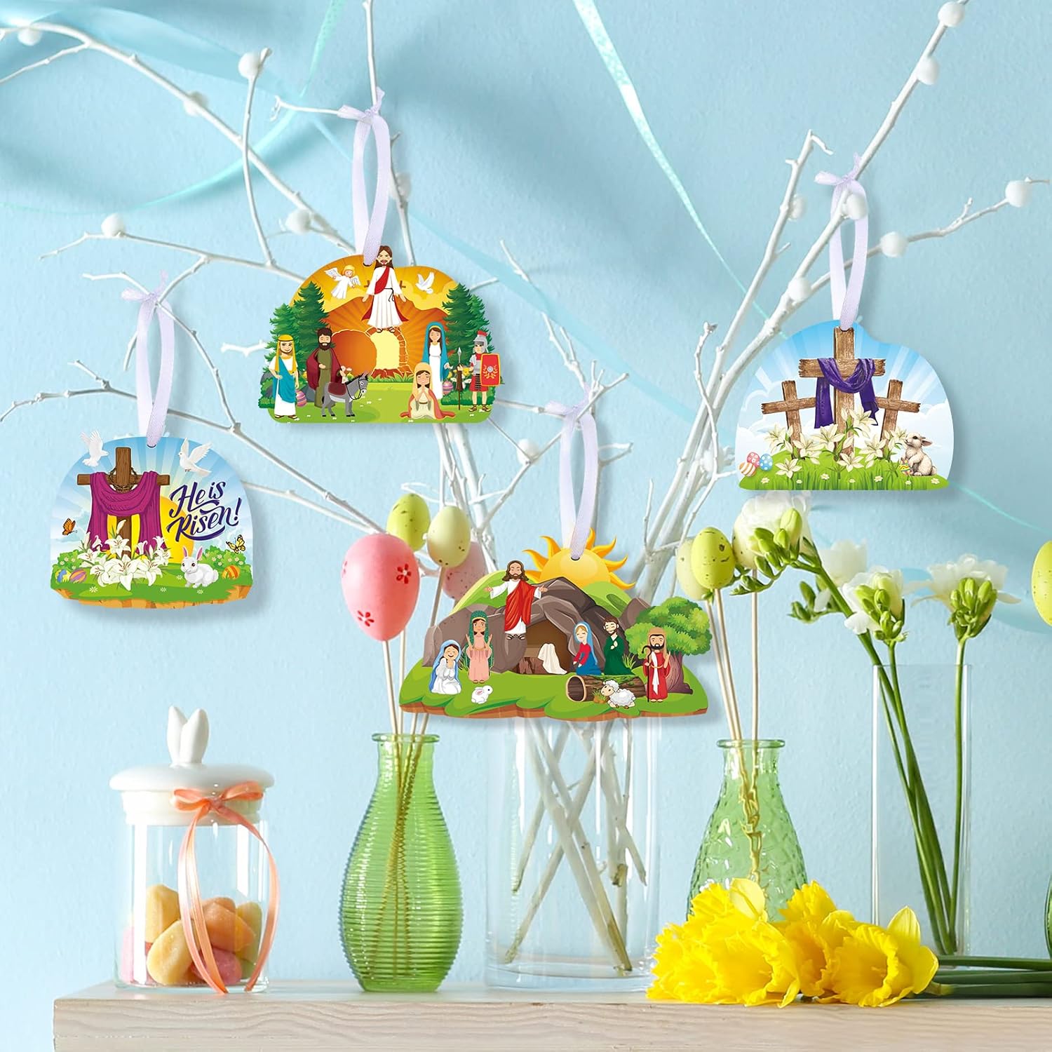 128Pcs Easter He Lives Stickers Scenes, Easter Crafts Cards Stickers for Kids, He is Risen Cards and Stickers, Religious Jesus Stickers Sunday School Crafts Hanging Ornaments Decorations