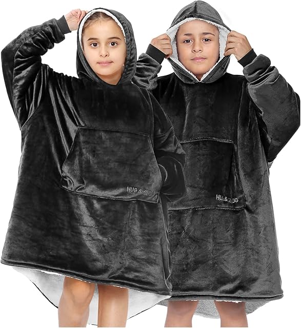 GC GAVENO CAVAILIA Wearable Blanket Hoodie - Sherpa Fleece For Kids - Warm Cosy Snuggle Hoody - Charcaol Snoodie, 728870, Kids - Charcoal, One Size
