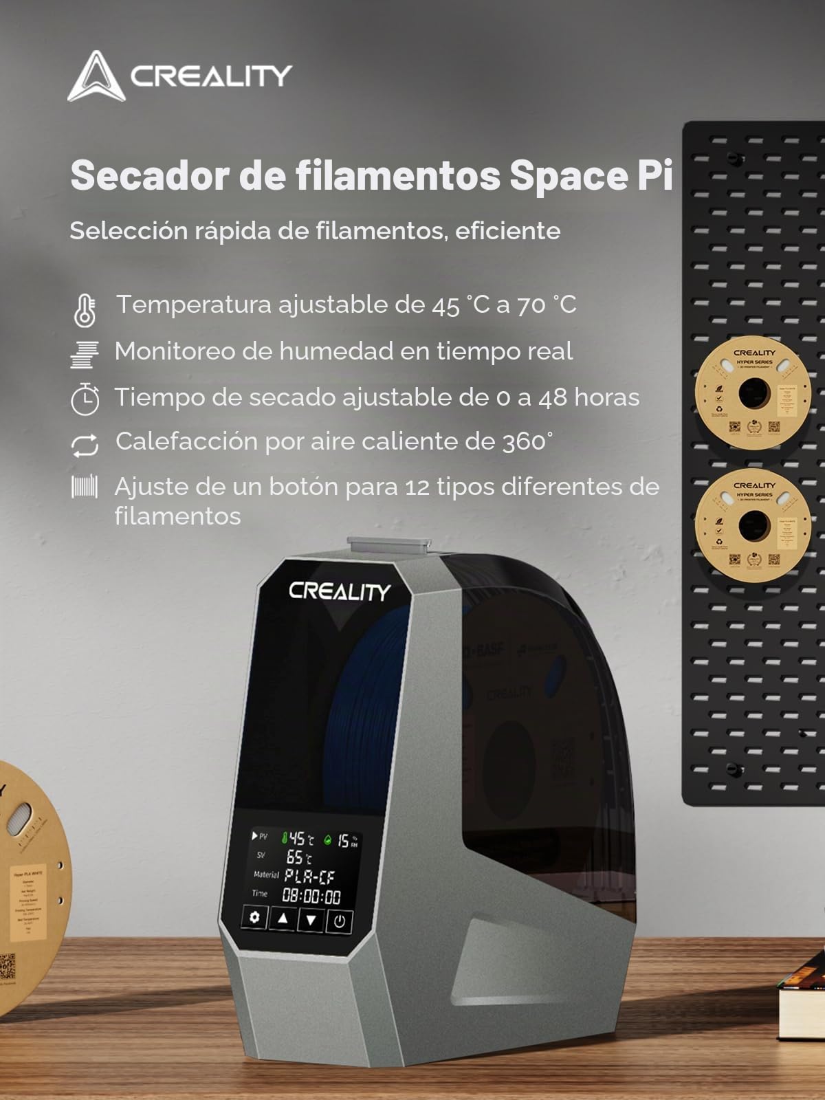 Creality Space PI Filament-Trocknerbox Upgraded Edition, accesorio original Creality con calefacción y ventilador completos de 360°, indicador de humedad en tiempo real para filamento de 1,75/2,85 mm
