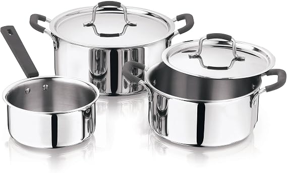 MasterPRO - Set of 5 Triple Frying Pans - 1 Saucepan 16 cm - 1 Casserole with Lid 20 cm - 1 Casserole with Lid 24 cm - Casserole with Silicone Handle - Stainless Steel Lid