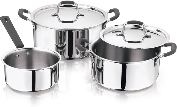 MasterPRO - Set of 5 Triple Frying Pans - 1 Saucepan 16 cm - 1 Casserole with Lid 20 cm - 1 Casserole with Lid 24 cm - Casserole with Silicone Handle - Stainless Steel Lid