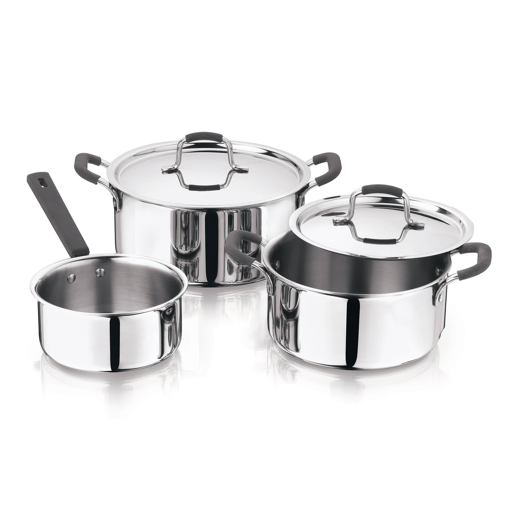 Patelnie i garnek ze stali nierdzewnej MasterPRO 20-24cm + silikonowe uchwyty